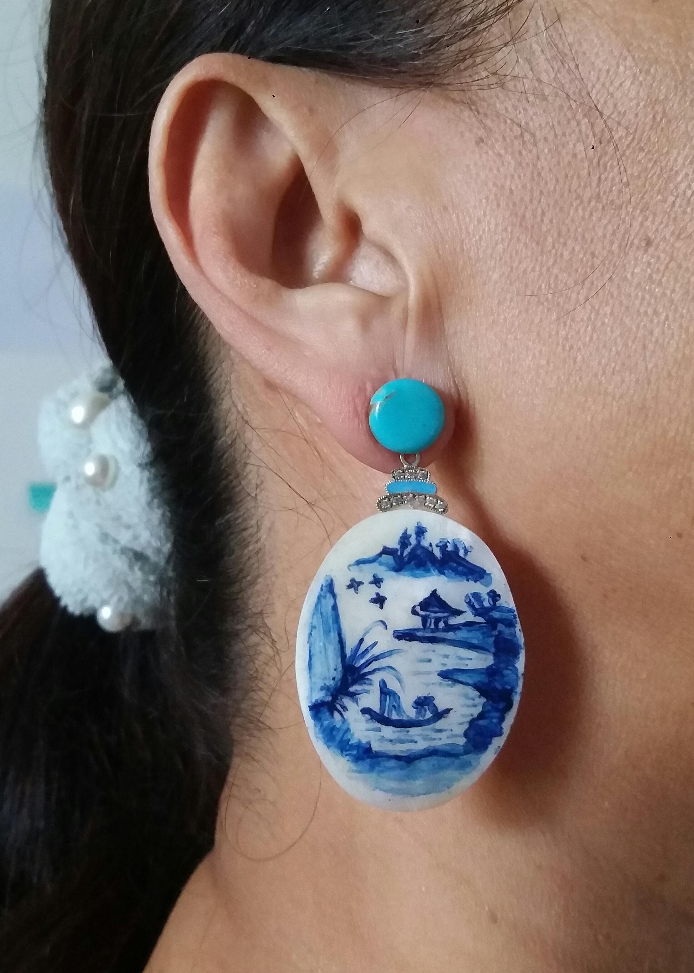 Vintage Hand Painted Motherofpearl Gold Diamond Turquoise Enamel Dangle Earrings For Sale 3