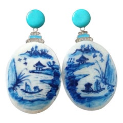 Vintage Hand Painted Motherofpearl Gold Diamond Turquoise Enamel Dangle Earrings