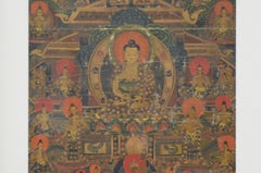 Vintage Hand-Painted Multi-Colored Tibetan Thangka Painting Depicting the Buddha