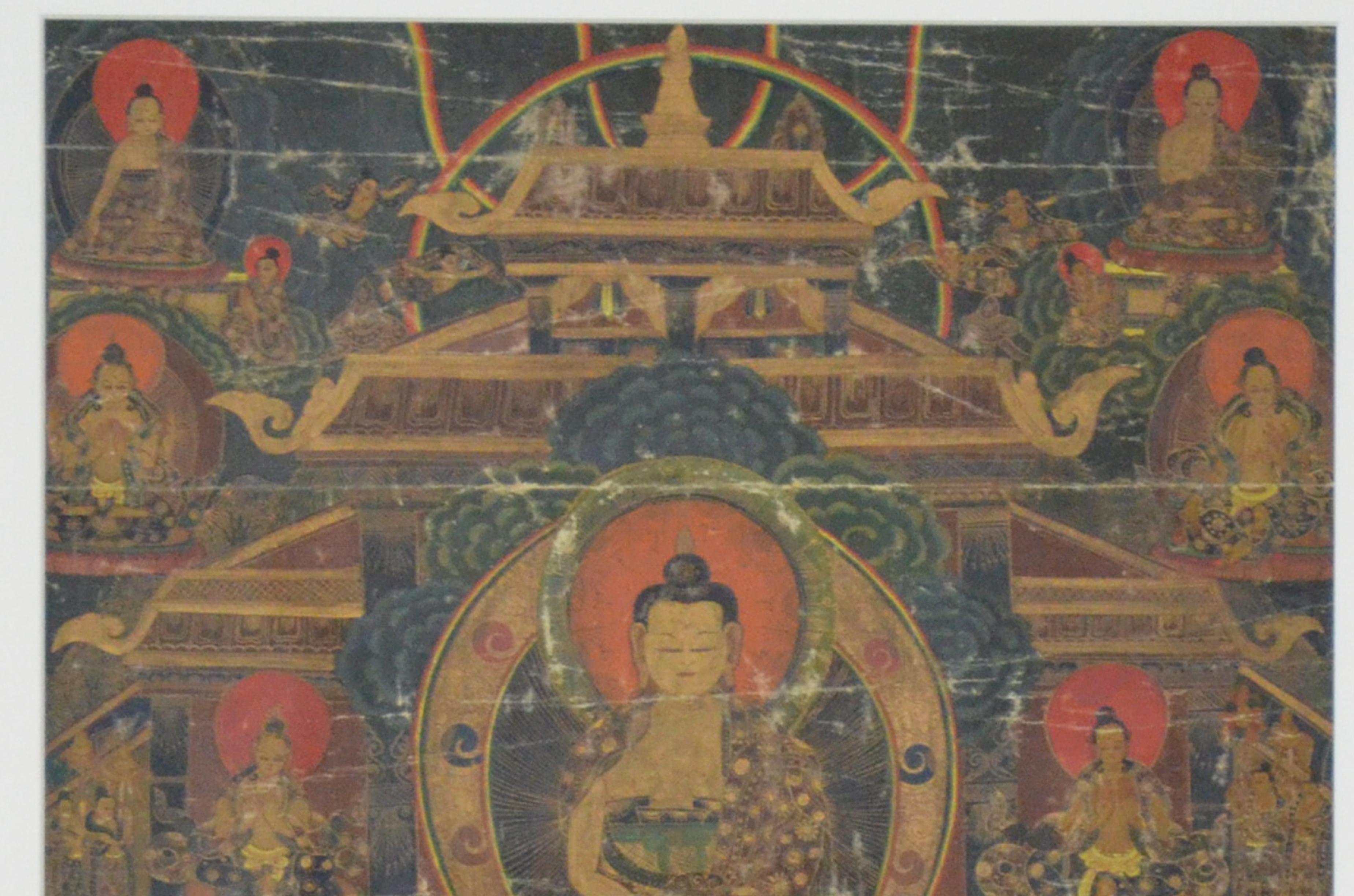 Wood Vintage Hand-Painted Multi-Colored Tibetan Thangka Painting Depicting the Buddha