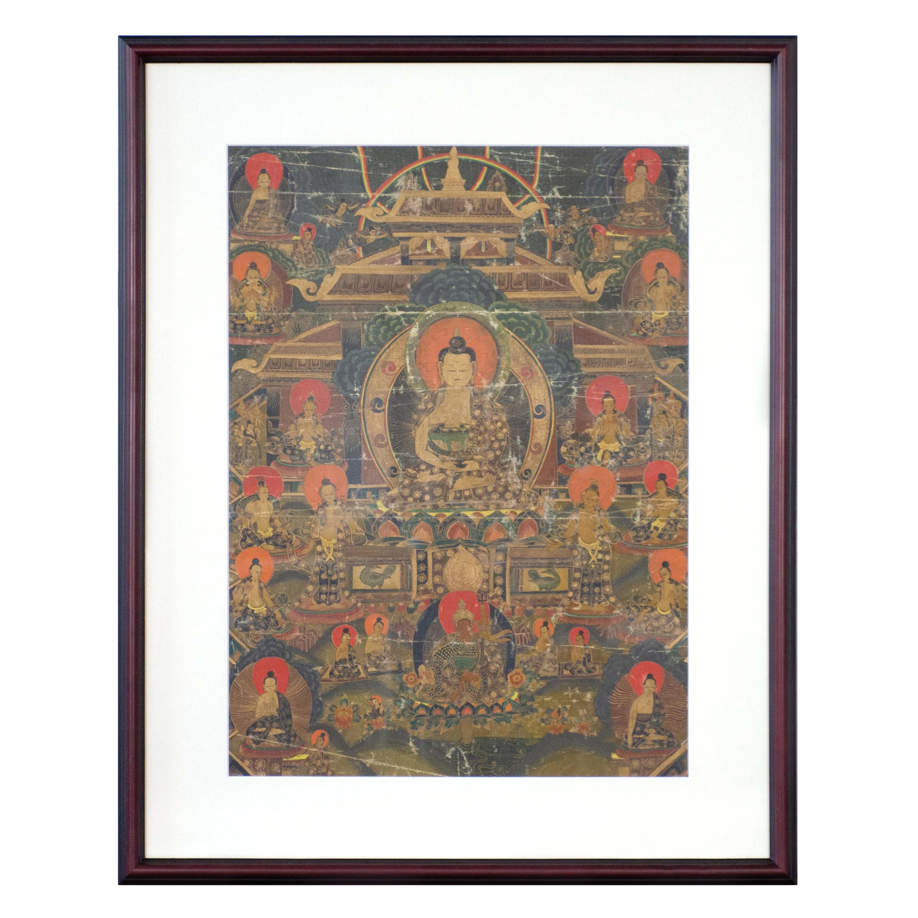Vintage Hand-Painted Multi-Colored Tibetan Thangka Painting Depicting the Buddha
