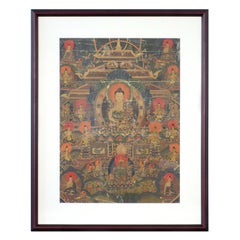 Vieille peinture tibétaine multicolore Thangka peinte à la main représentant le Bouddha