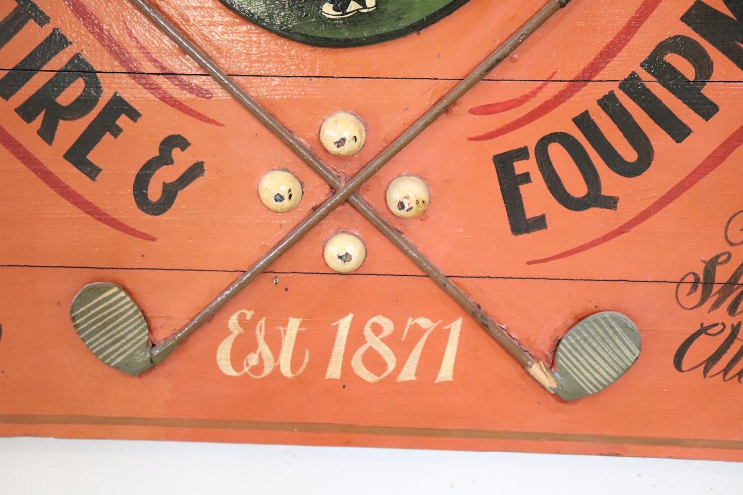 This vintage sign for collectors is truly special. Made of wood with relief decorations and hand painted. The sign was dedicated to the golf attire and equipment.