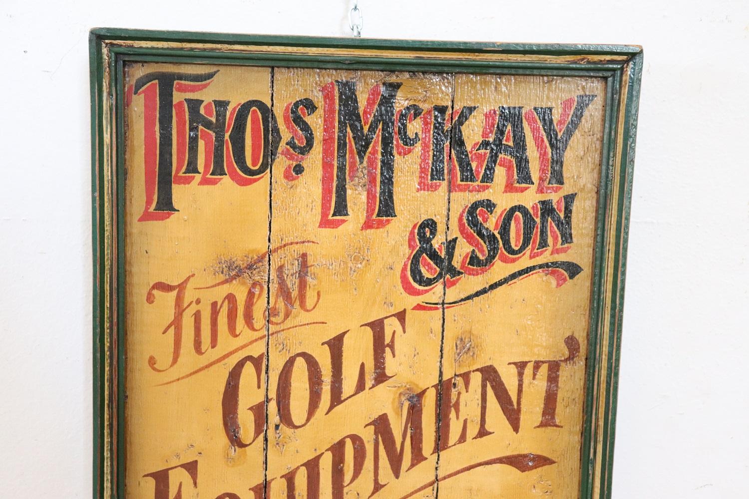 This vintage sign for collectors is truly special. Made of wood with relief decorations and hand painted. The advertising sign was dedicated to the golf attire and equipment.