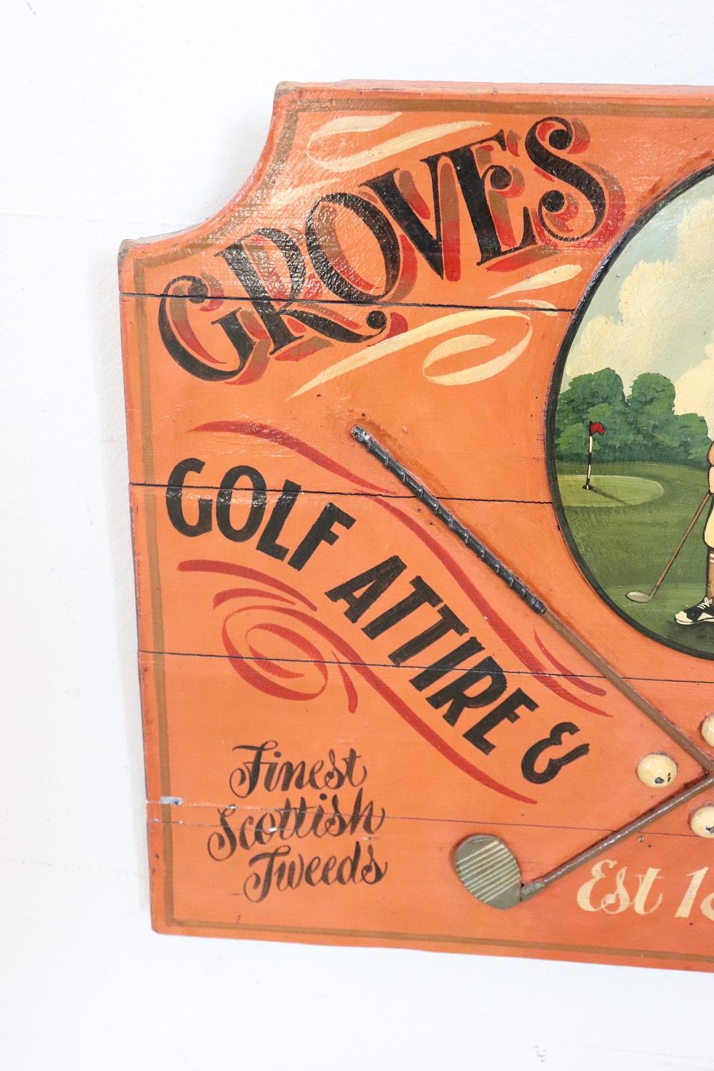 Écossais Panneau publicitaire vintage peint à la main sur bois pour les équipements de golf, années 1920 en vente