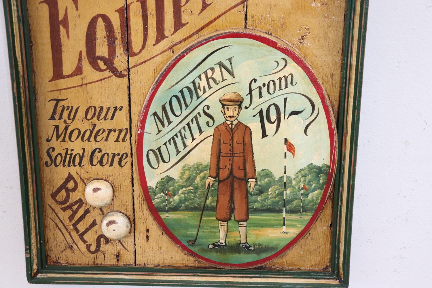 Scottish Vintage Hand Painted on Wood Advertising Sign for Golf Equipments, 1920s For Sale