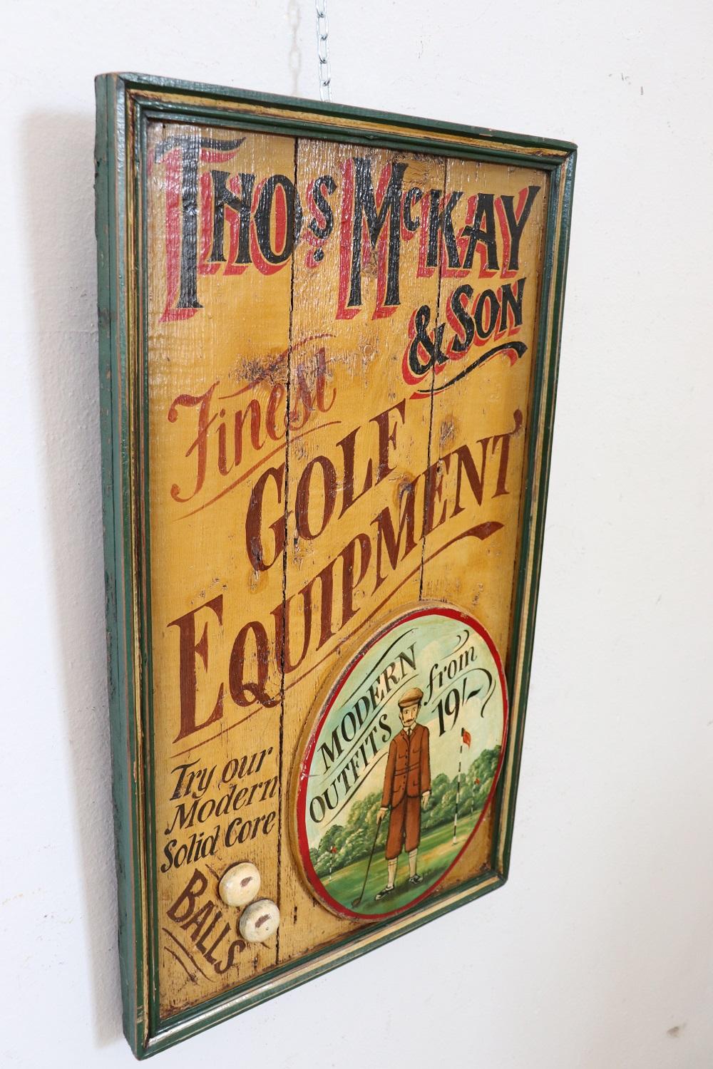 Peint à la main Panneau publicitaire vintage peint à la main sur bois pour les équipements de golf, années 1920 en vente