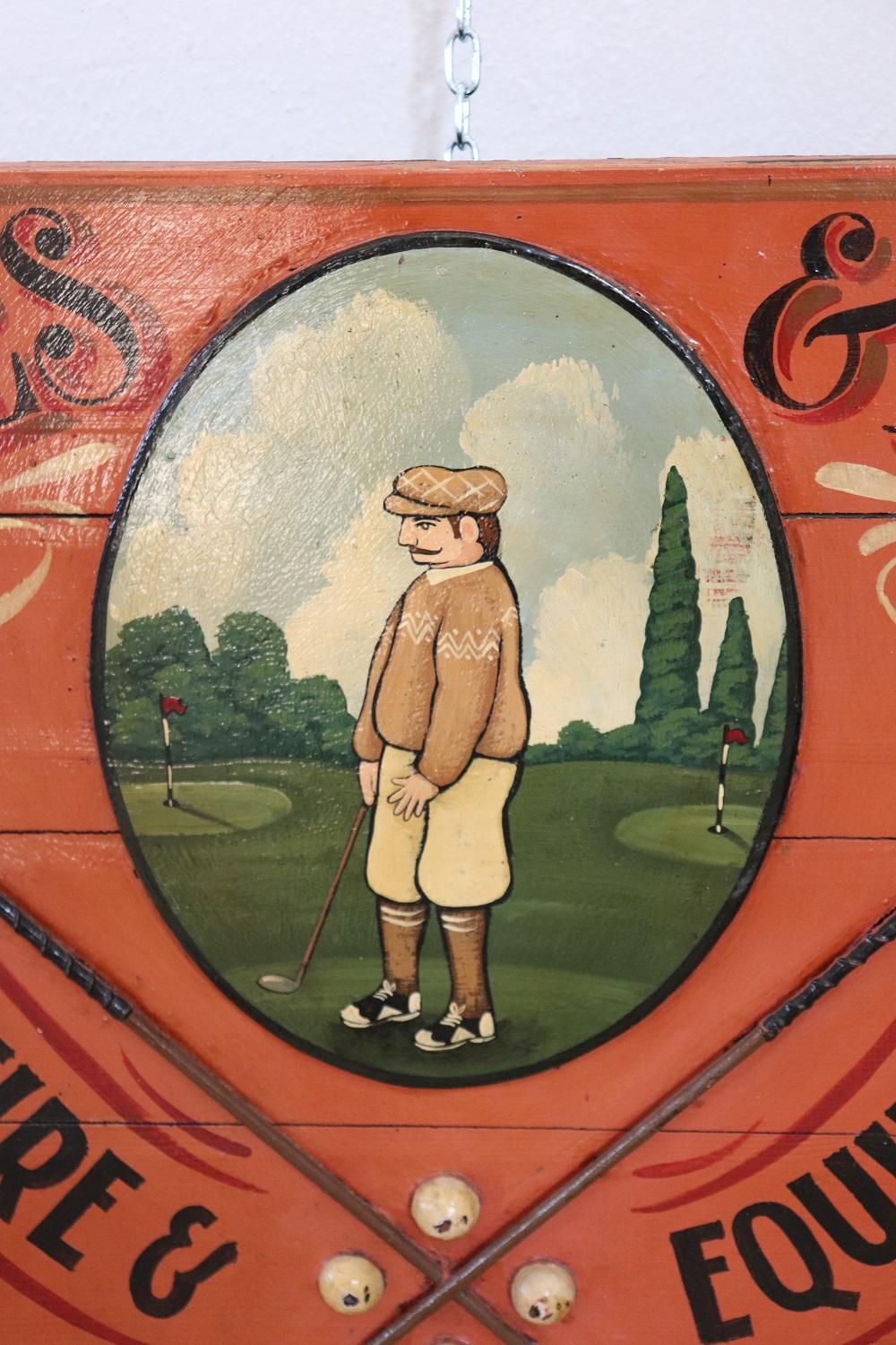 Début du 20ème siècle Panneau publicitaire vintage peint à la main sur bois pour les équipements de golf, années 1920 en vente
