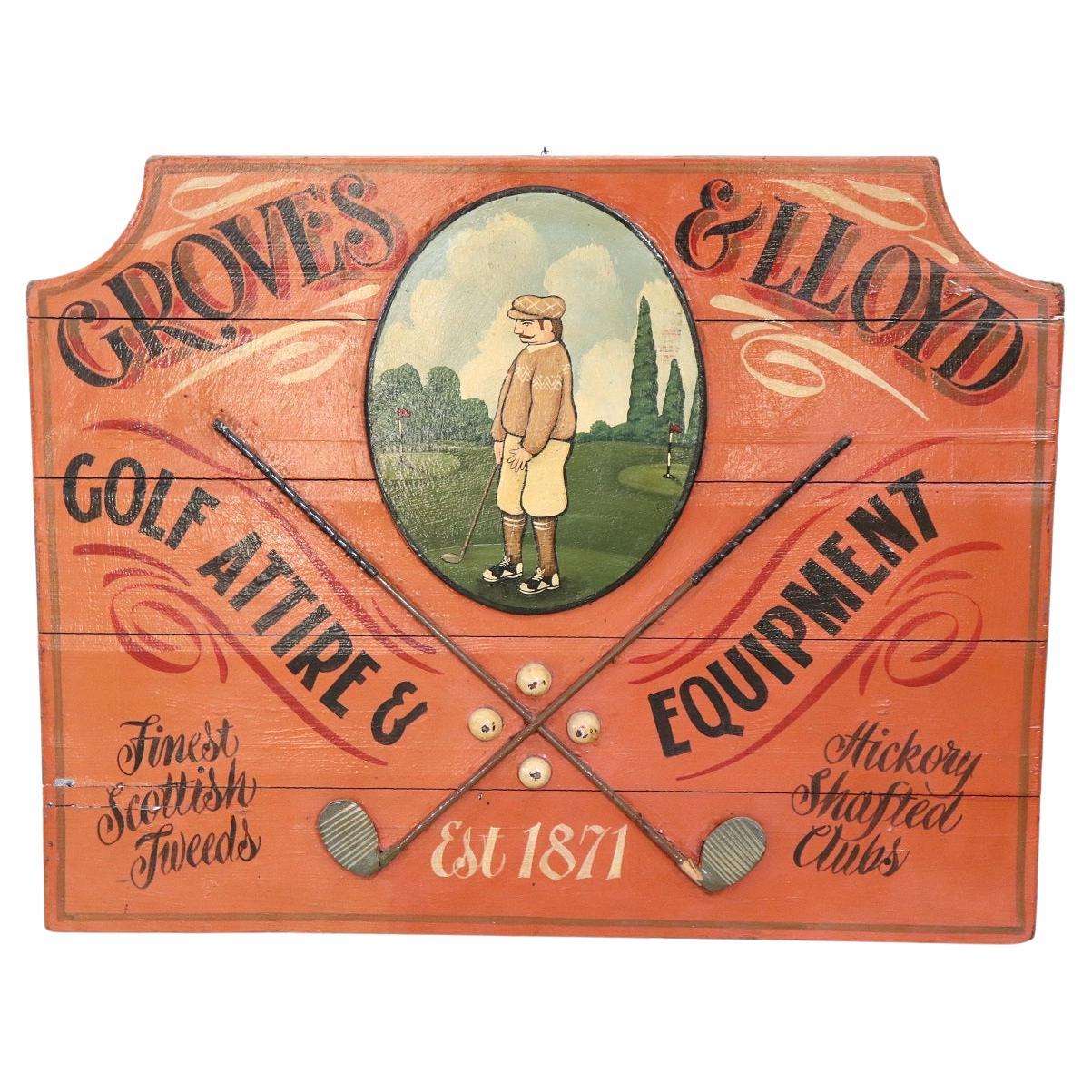 Panneau publicitaire vintage peint à la main sur bois pour les équipements de golf, années 1920