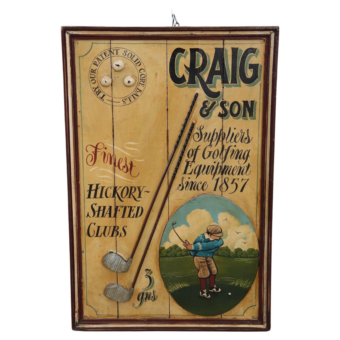 Panneau publicitaire vintage peint à la main sur bois pour les équipements de golf, années 1920