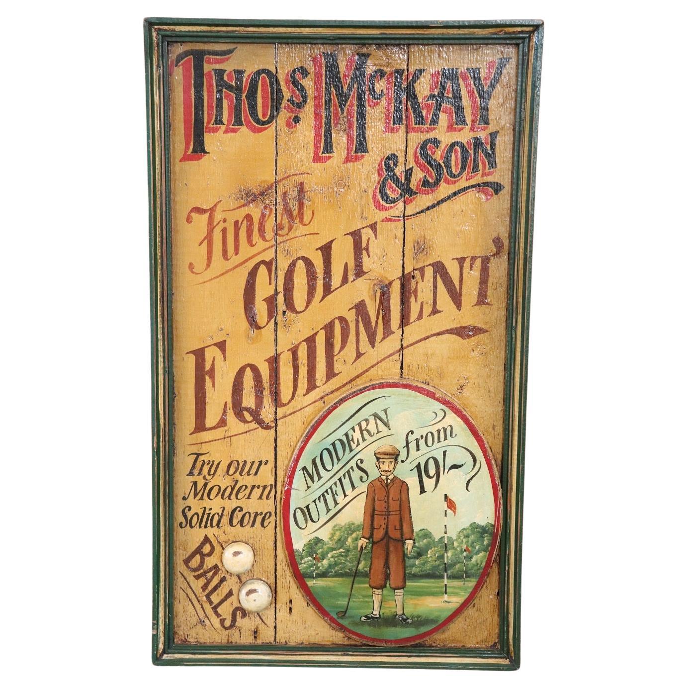 Panneau publicitaire vintage peint à la main sur bois pour les équipements de golf, années 1920 en vente
