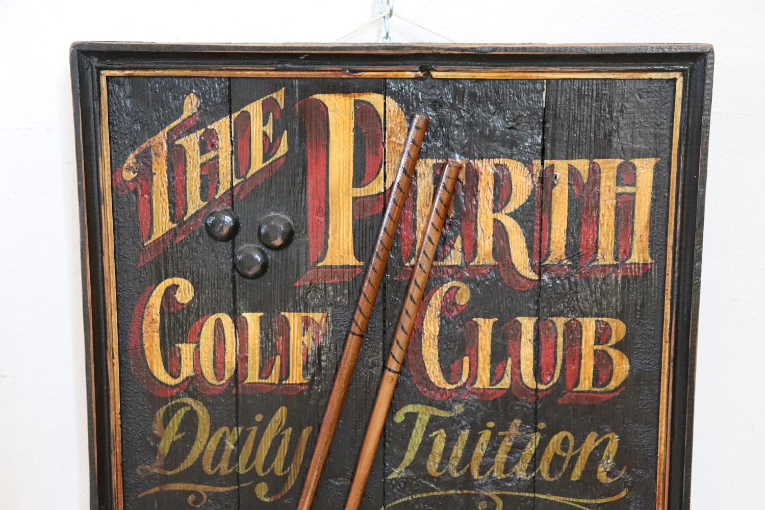 This vintage sign for collectors is truly special. Made of wood with relief decorations and hand painted. The sign was dedicated to the historic Perth golf club.