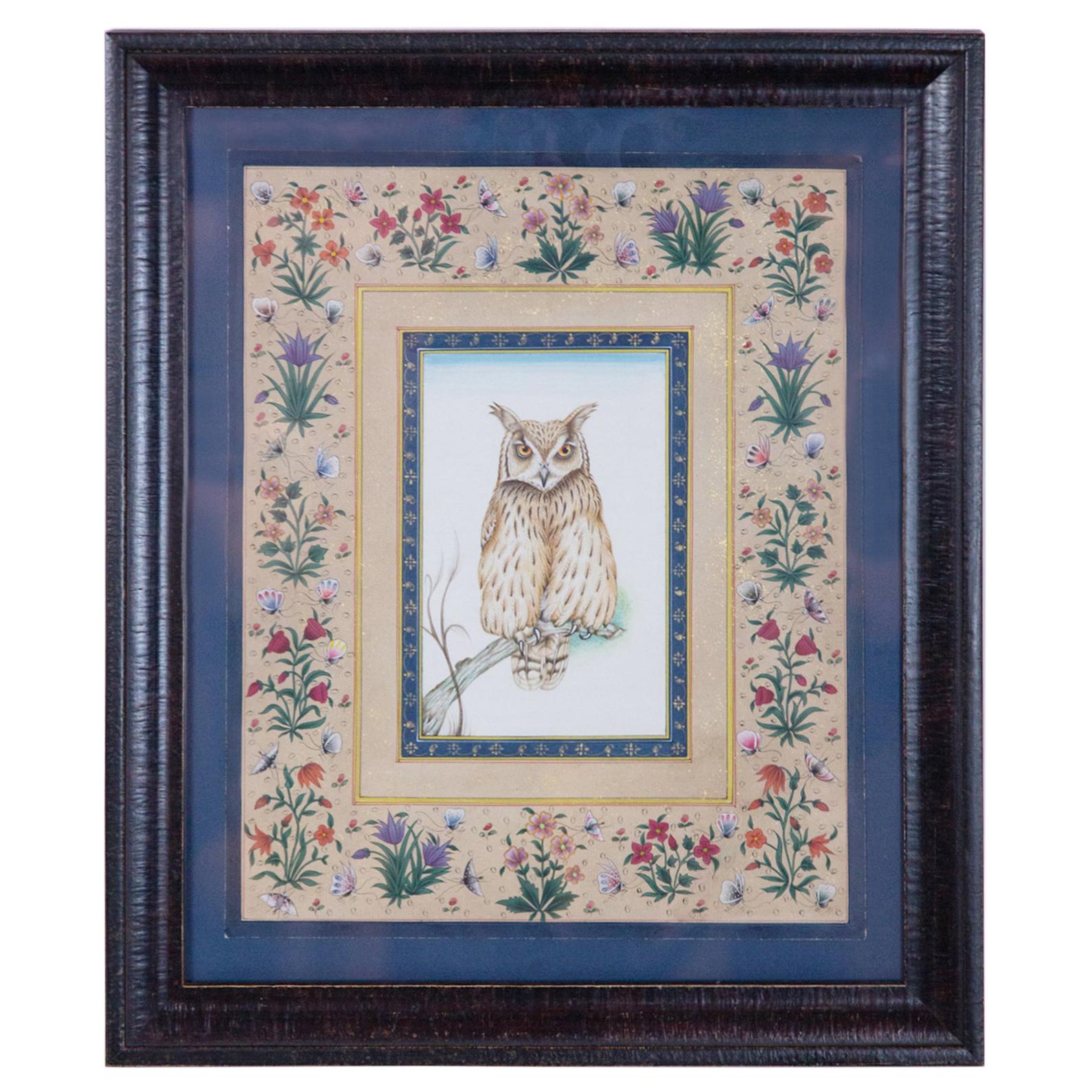Vintage Hand Painted Owl Surrounded by Flowers, Framed