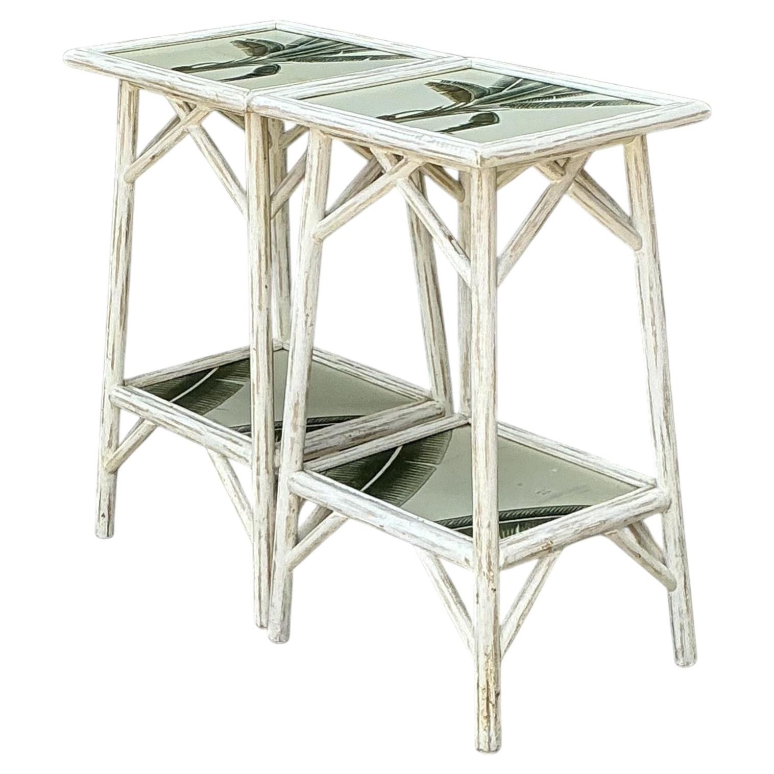 Vintage Hand Painted Palm Side Tables - A Pair For Sale