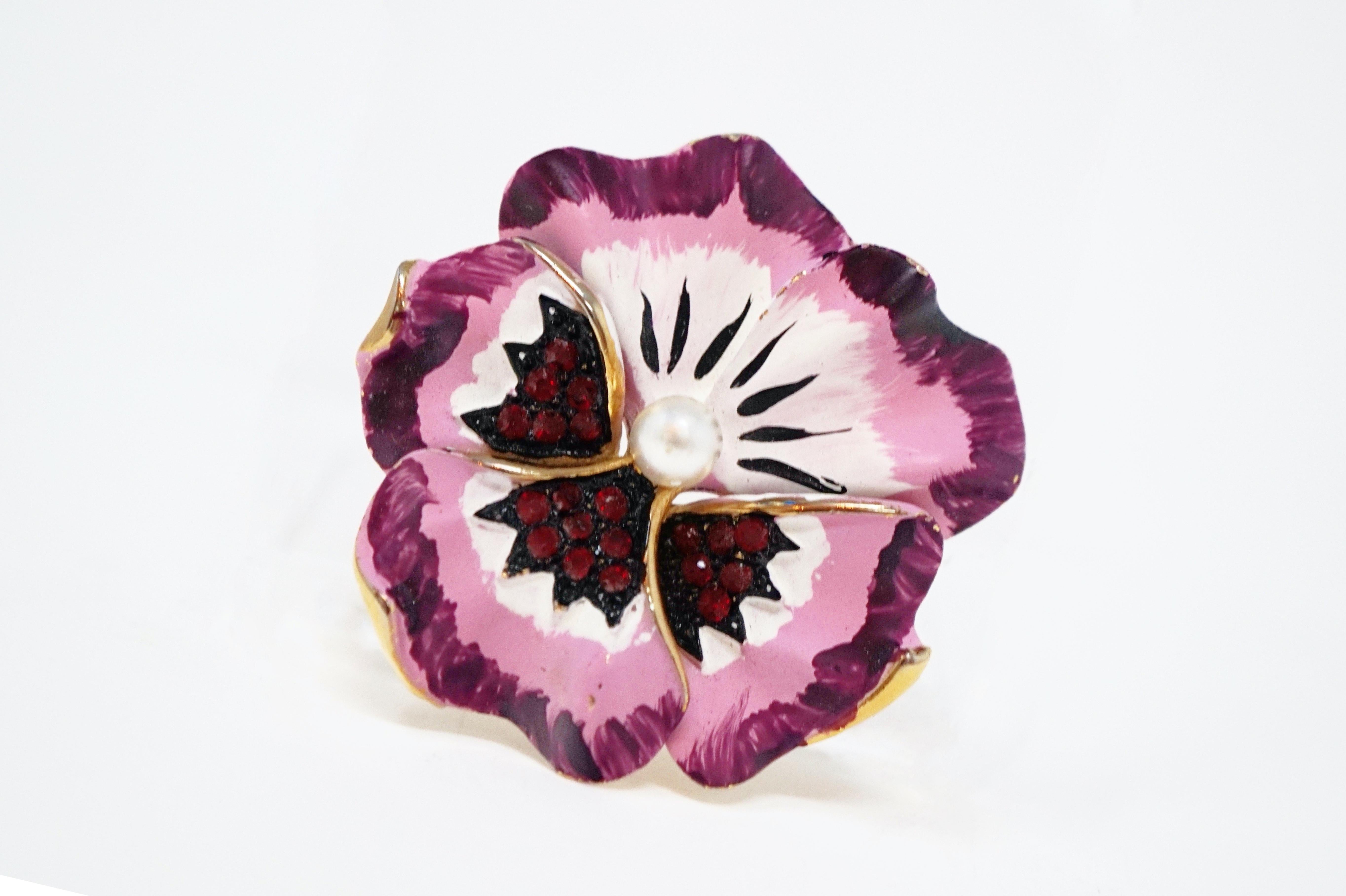 Modern Vintage Hand-Painted Pansy Flower Brooch, Attributed to Kramer Jewelry