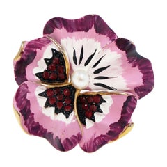 Vintage Hand-Painted Pansy Flower Brooch, Attributed to Kramer Jewelry