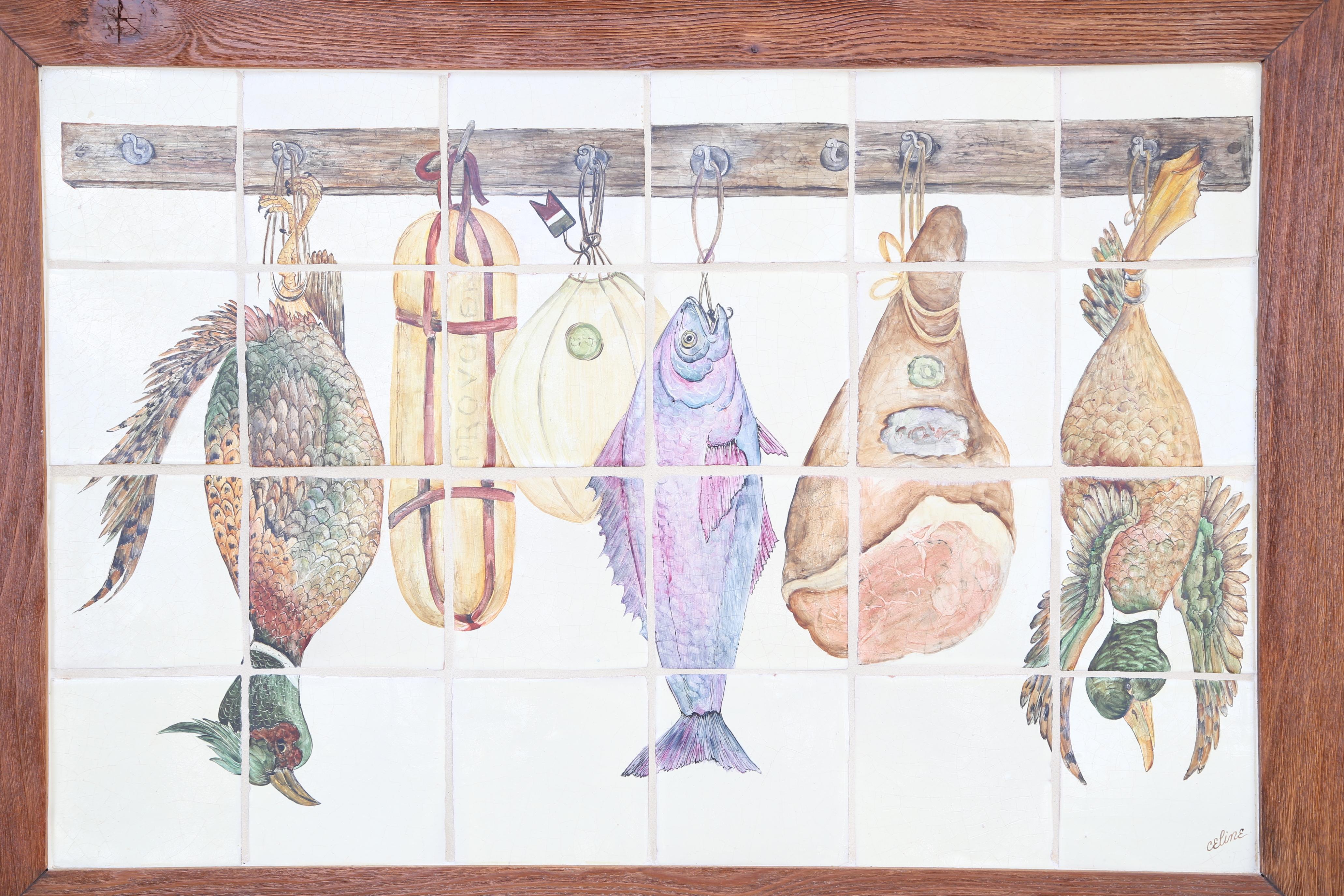 Hand painted pictures of meats, cheese, fowl and fish on tile. Mounted on wood in cypress wood frame.