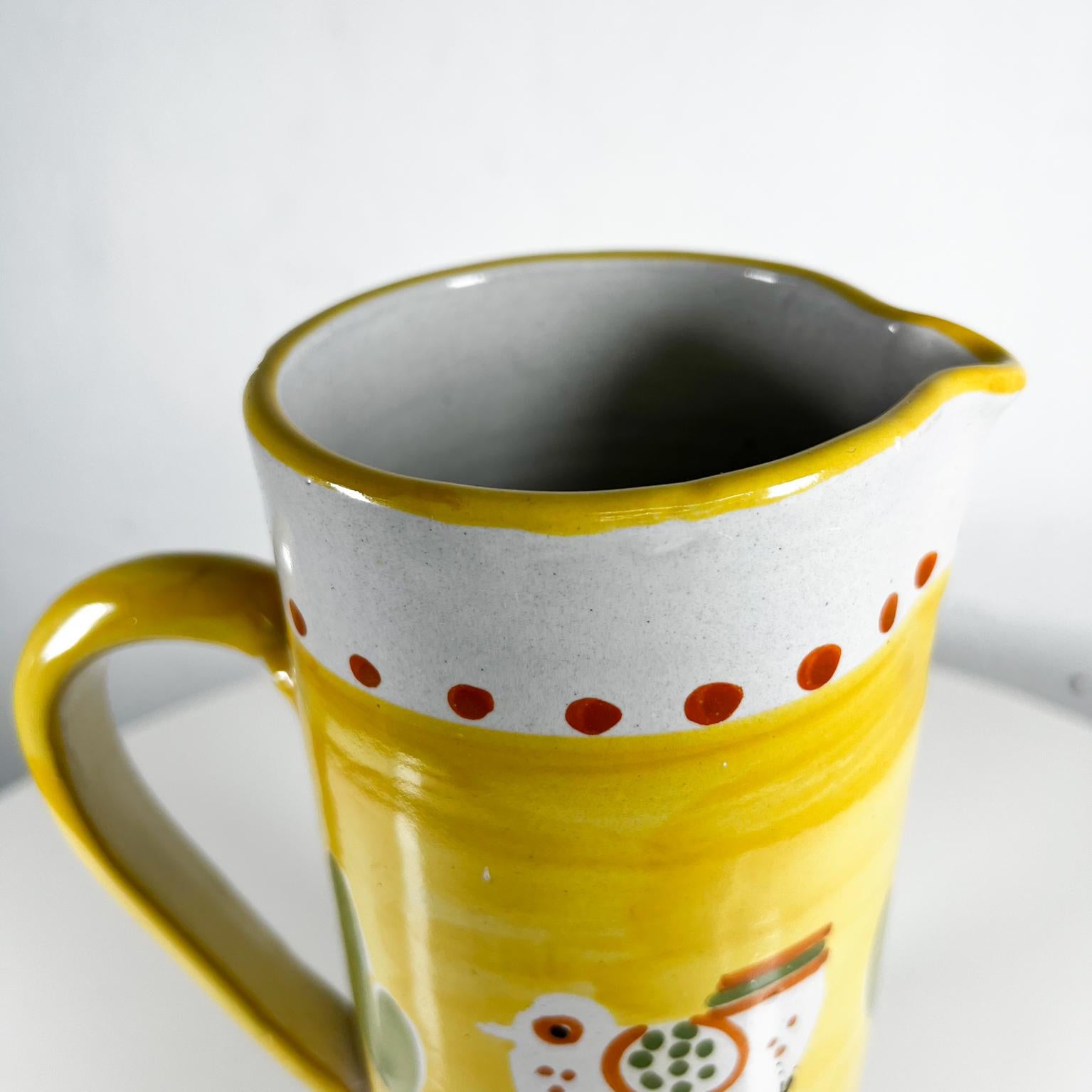 Vintage Hand Painted Pitcher with Chicken Yellow & Green Italy In Good Condition In Chula Vista, CA