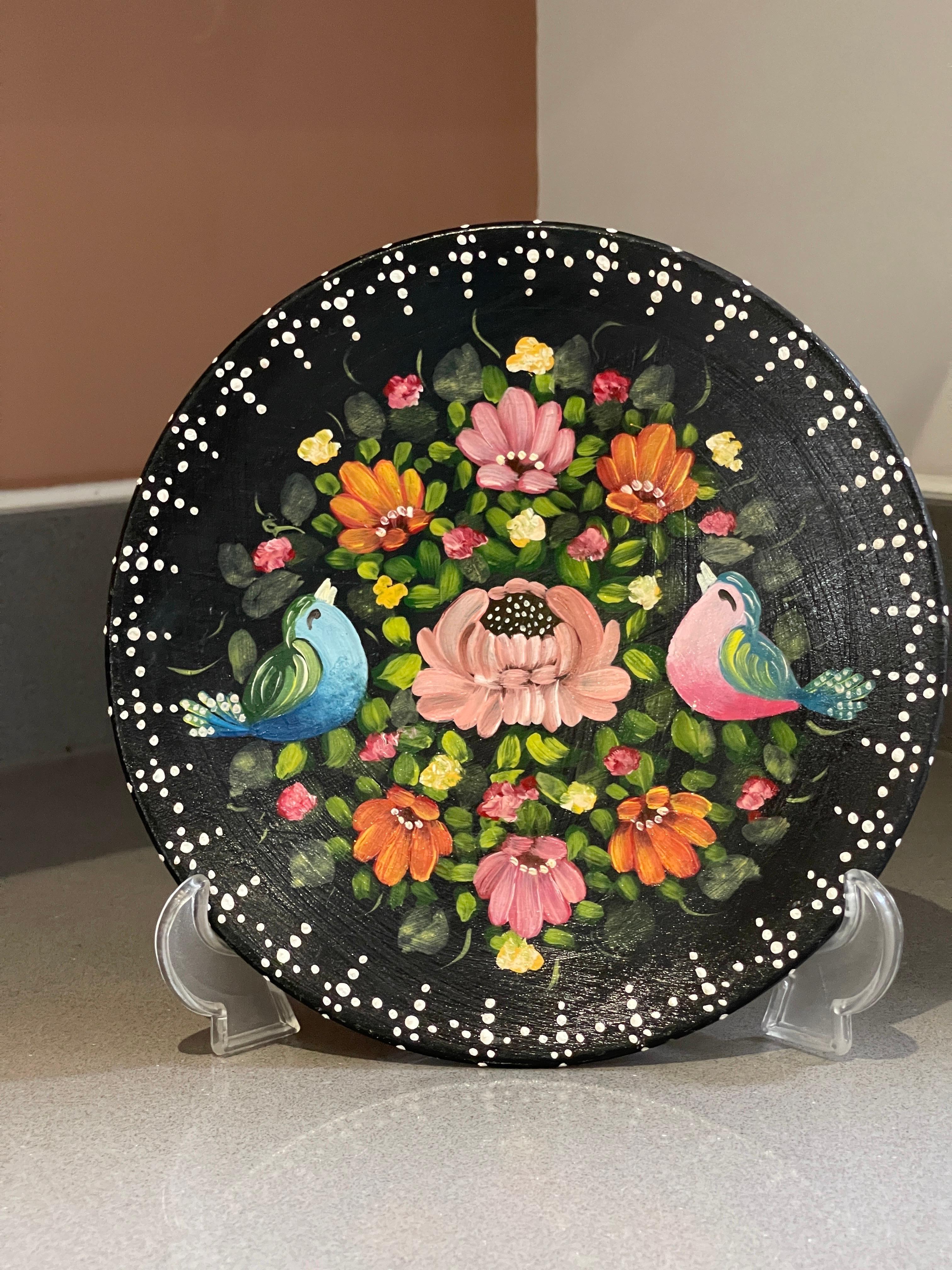 Vintage Hand Painted Plate, Decorative Ceramic Bird and Flower Wall Decoration For Sale 4