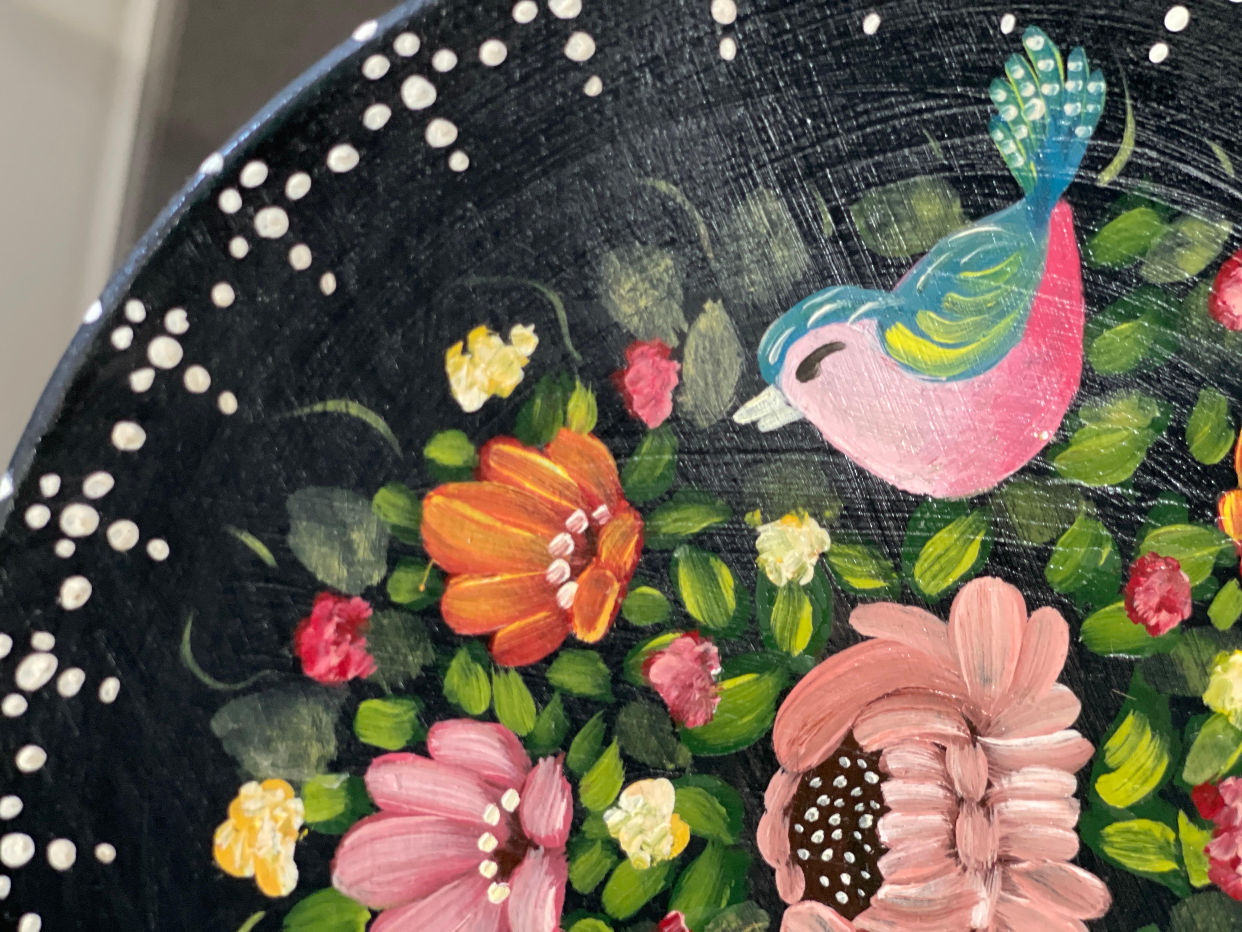 Brushed Vintage Hand Painted Plate, Decorative Ceramic Bird and Flower Wall Decoration For Sale