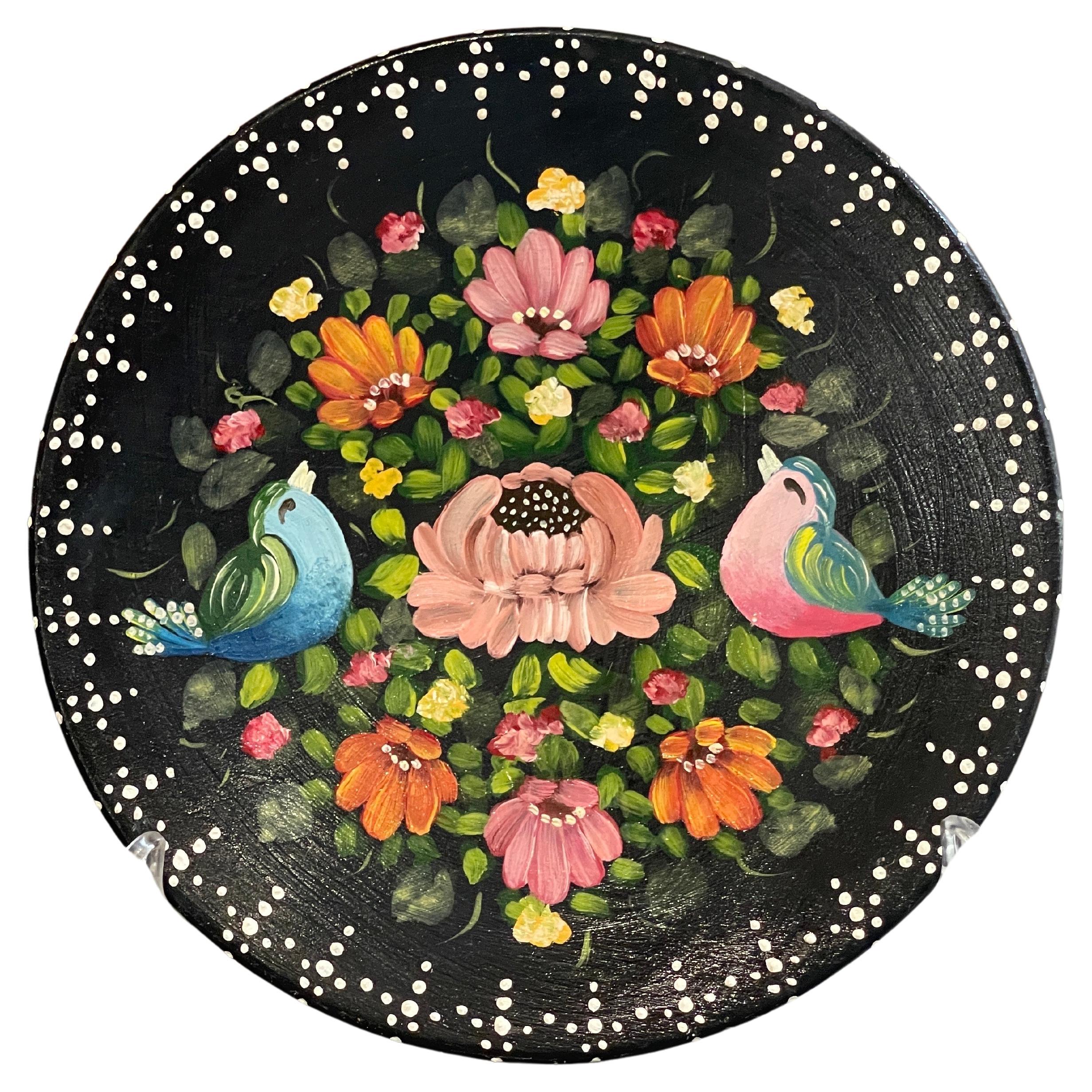 Vintage Hand Painted Plate, Decorative Ceramic Bird and Flower Wall Decoration For Sale