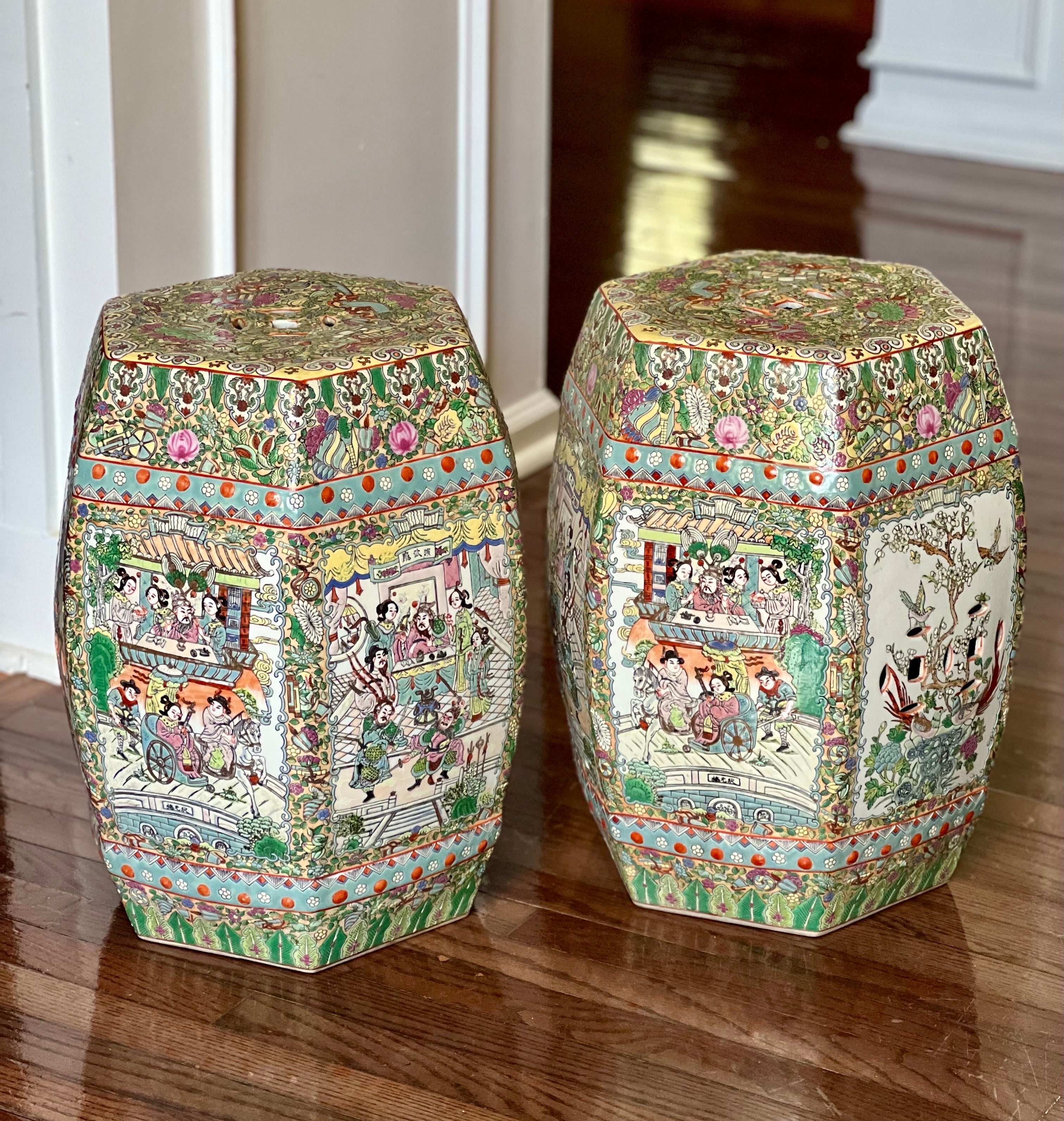 Pair of vintage hand painted porcelain Chinese garden stools, c. 1950's.

Gorgeous pair of Chinese Canton style rose medallion stools with hexagon shape. They feature intricate, reticulated designs with gardens, floral motifs and birds with scenes