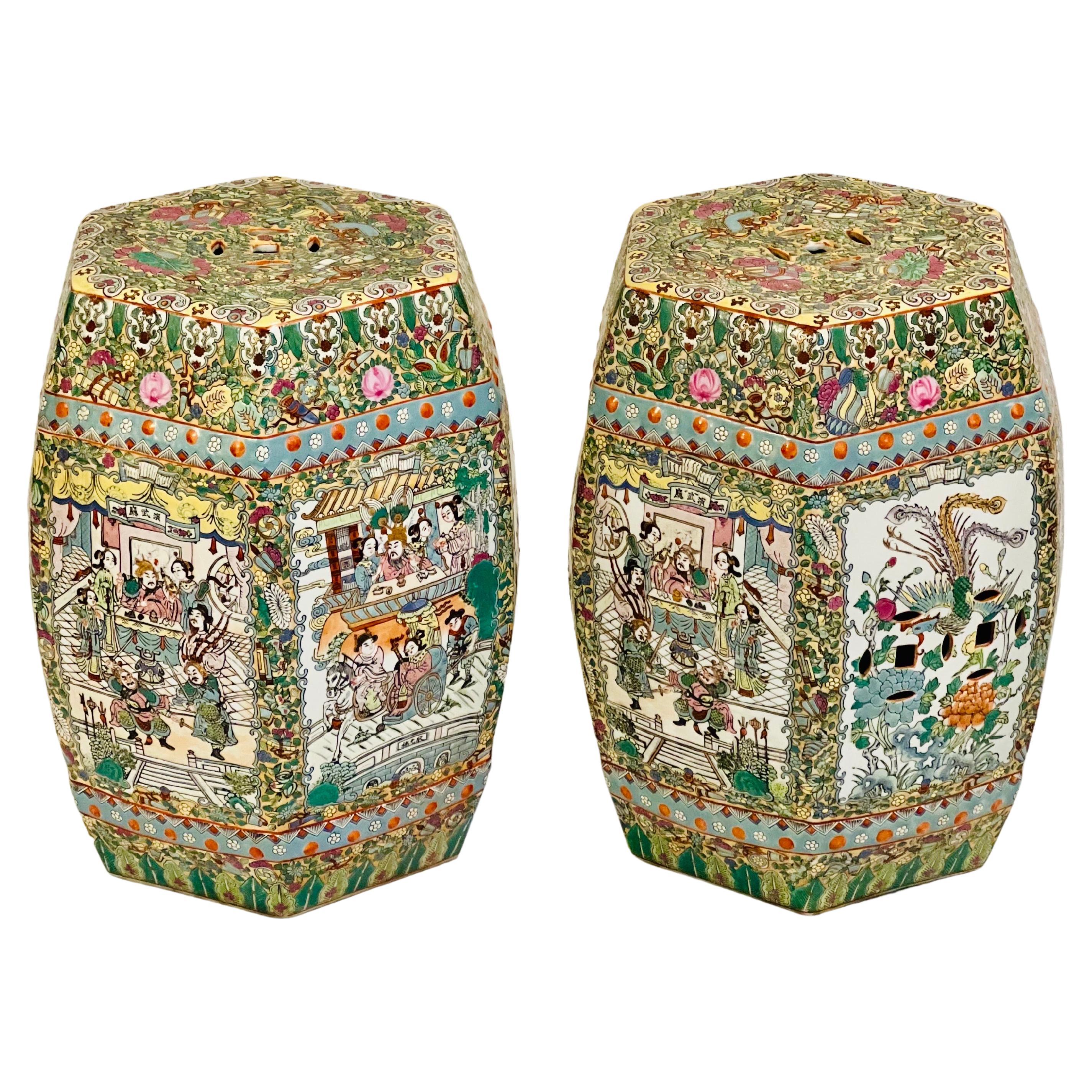 Vintage Hand Painted Porcelain Chinese Garden Stools, Pair For Sale
