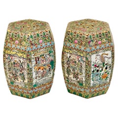 Antique Hand Painted Porcelain Chinese Garden Stools, Pair