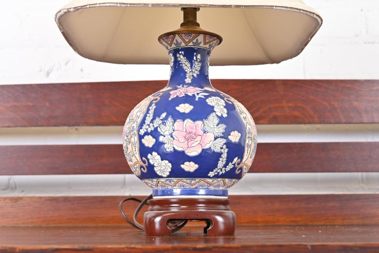 Vintage Hand-Painted Porcelain Chinoiserie Lamp with Shade For Sale at ...