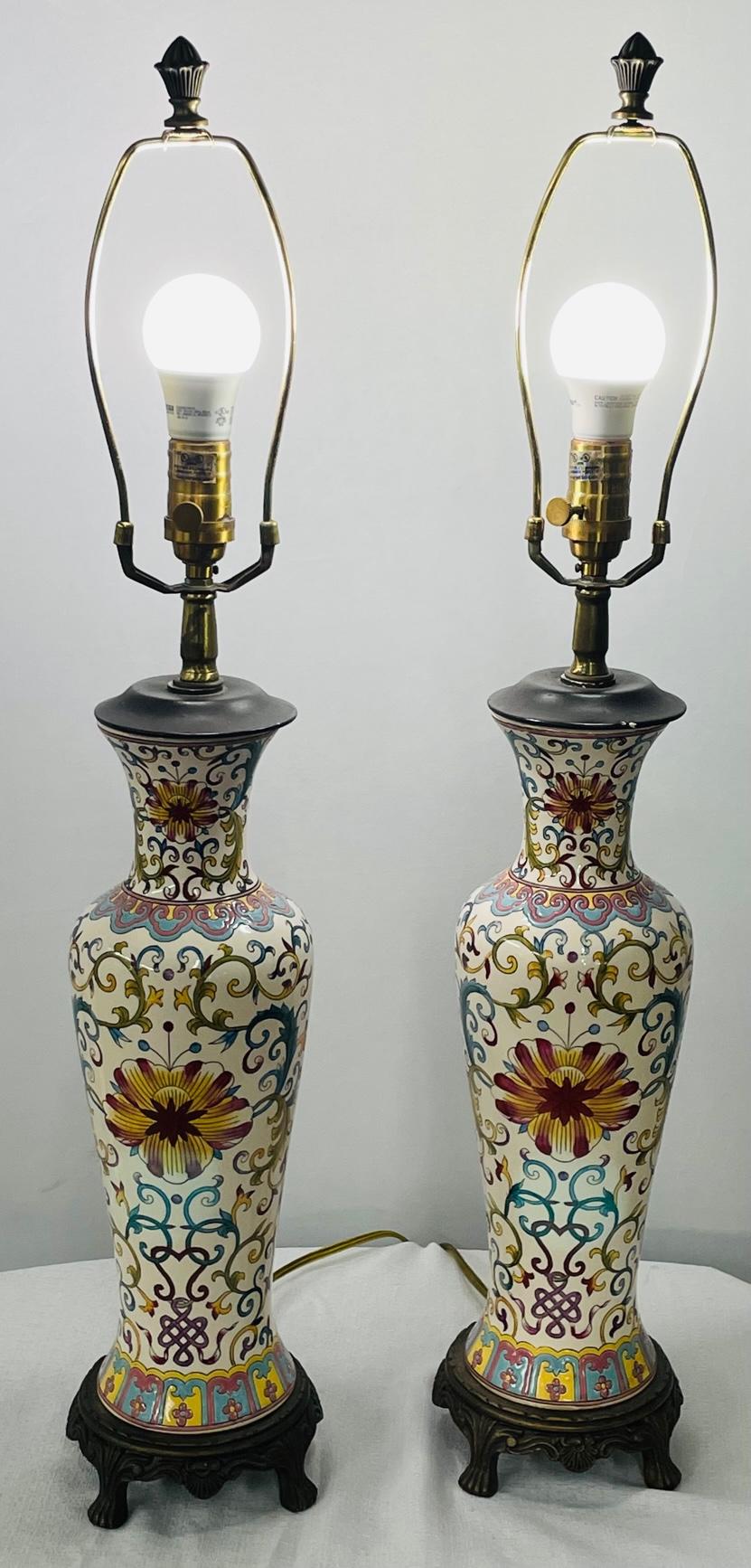 American Vintage Hand painted Porcelain Table Lamp, a Pair For Sale