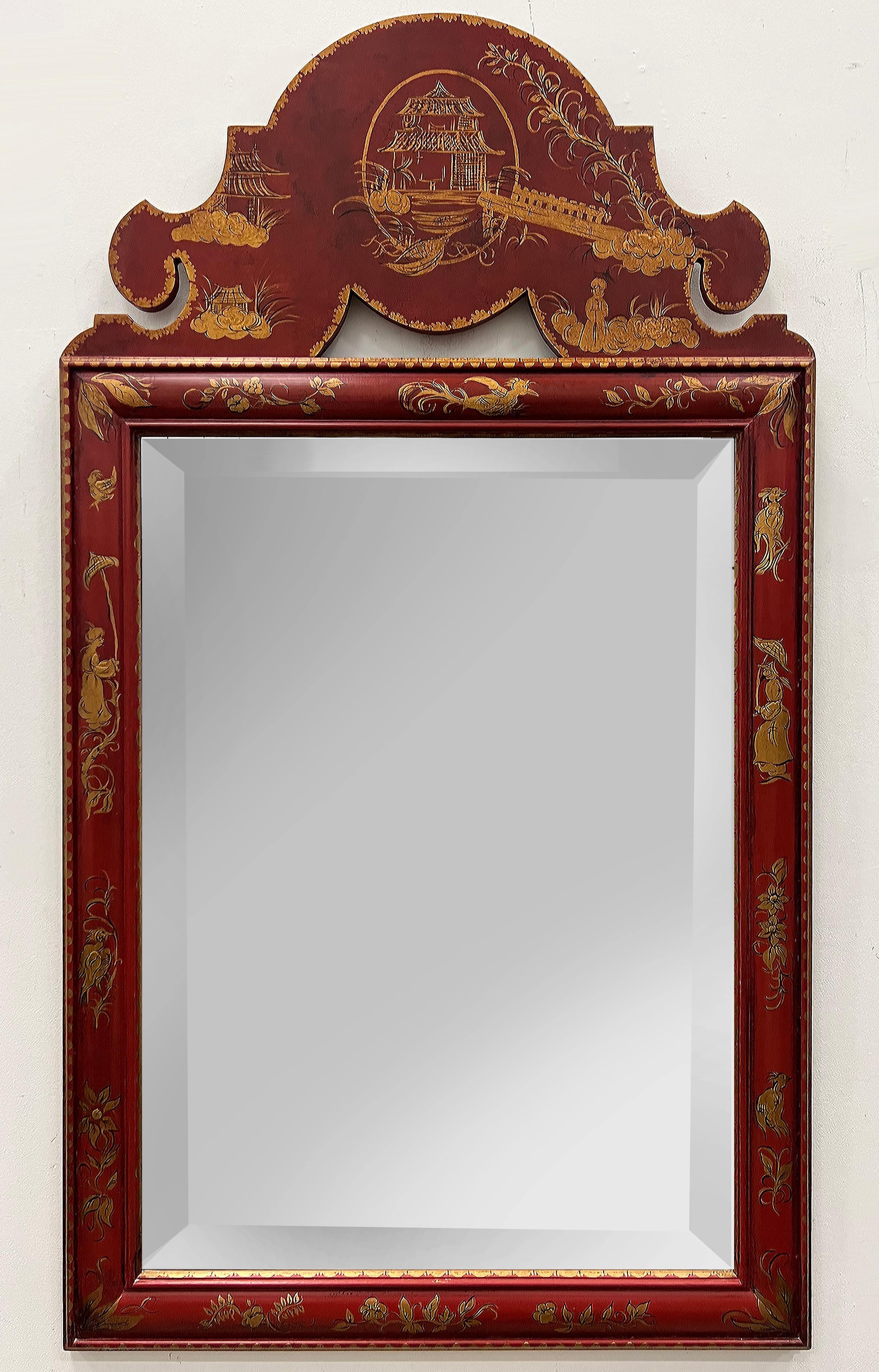 Vintage Hand Painted Red Wood Chinoiserie Spiegel mit vergoldeten Details 6