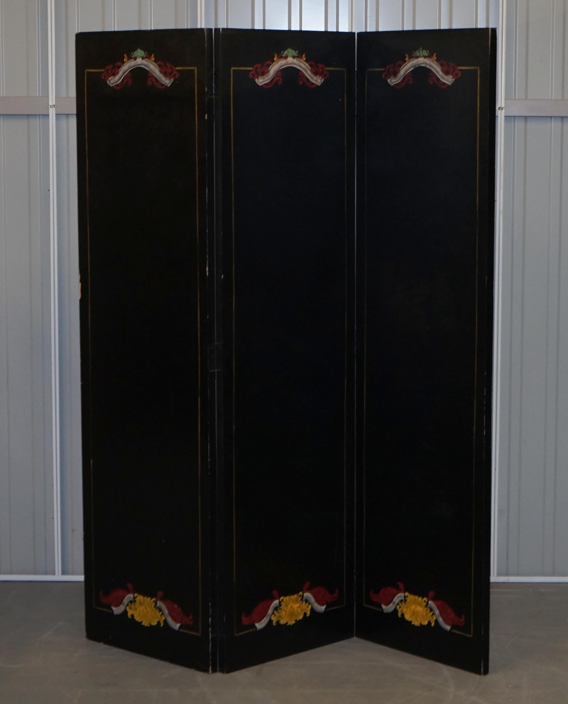 Vintage Hand Painted Room Divider Folding Screen Armorial Crest Coat of Arms 2