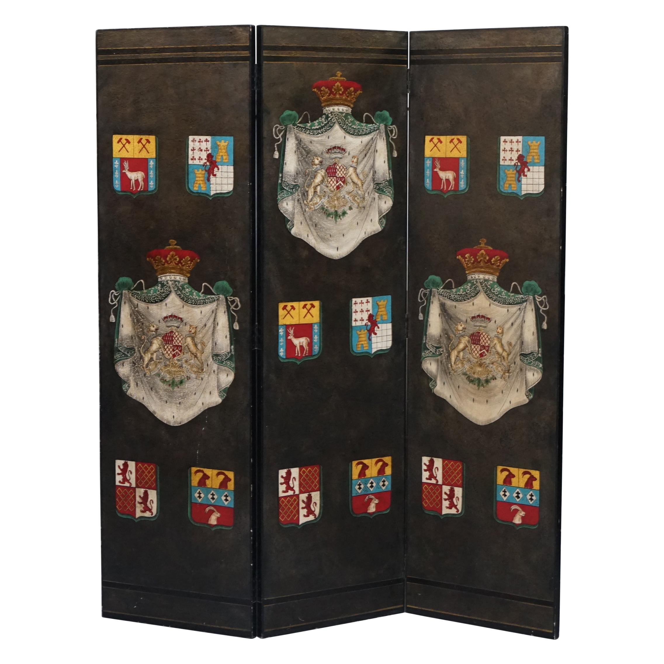 Vintage Hand Painted Room Divider Folding Screen Armorial Crest Coat of Arms