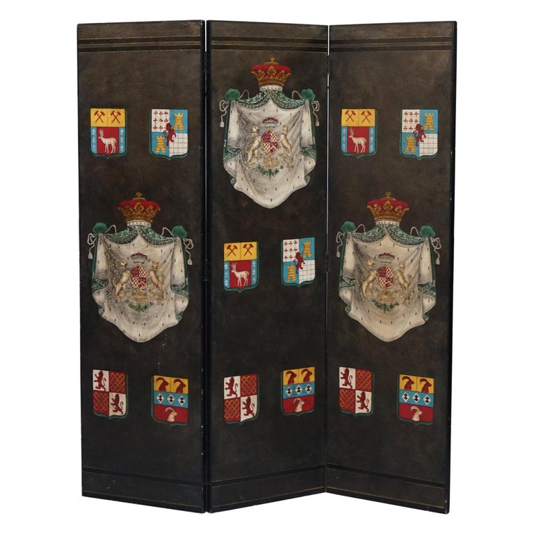 Vintage Hand Painted Room Divider Folding Screen Armorial Crest Coat of Arms at 1stDibs hand