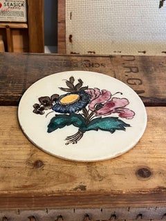 Vintage Hand Painted Round Floral Ceramic Tile Coaster.