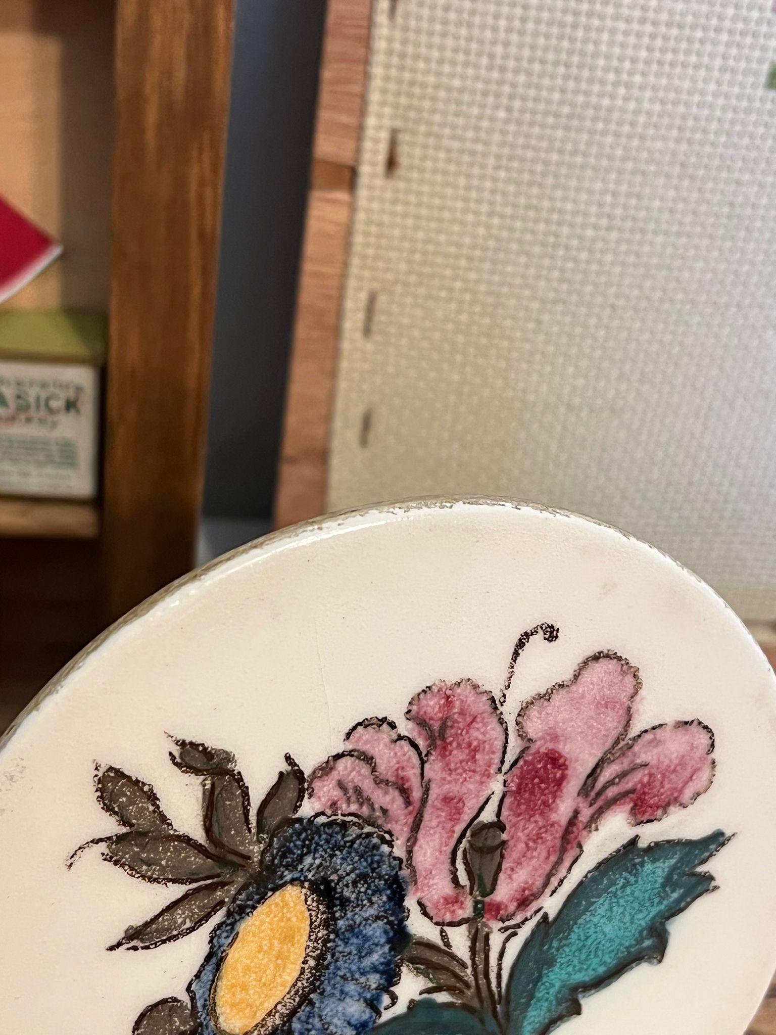 Mid-Century Modern Vintage Hand Painted Round Floral Ceramic Tile Coaster. For Sale
