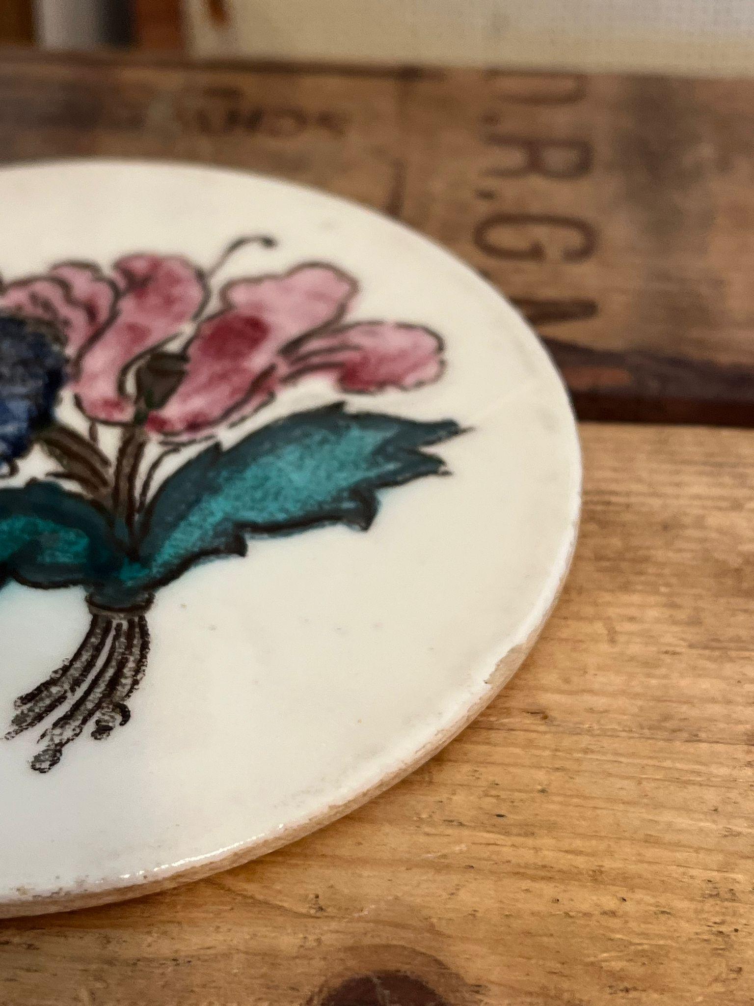 Late 20th Century Vintage Hand Painted Round Floral Ceramic Tile Coaster. For Sale