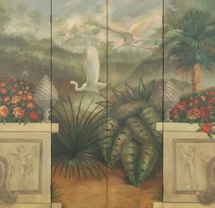 Vintage Hand Painted Scenic Chinoiserie 4 Panel Floor Screen Room Divider