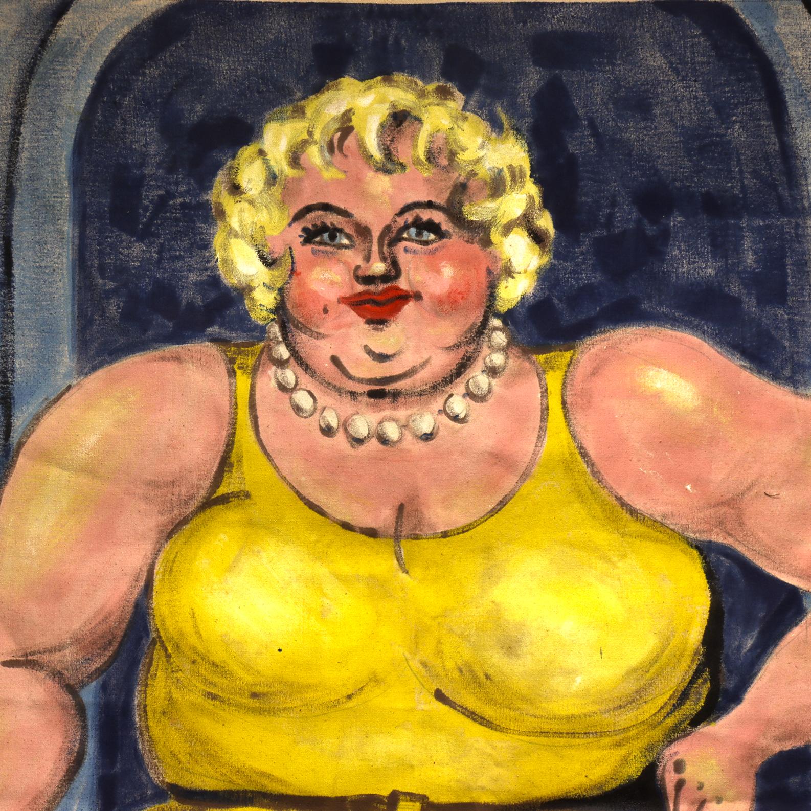 This original traveling circus canvas is handpainted and features one of the all-time classics of the sideshow. A busty beauty, she's rocking that yellow dress and pearls with a flair that lets you know that she owns everything you see and makes it