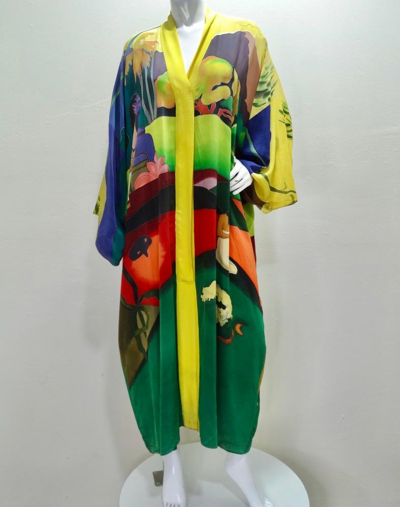 Do not miss out on this absolutely stunning 1970s caftan style dress in the most eye catching and vibrant hand painted silk! Long sleeve lightweight maxi dress zips at the center and features an incredible all over painting depicting various figures
