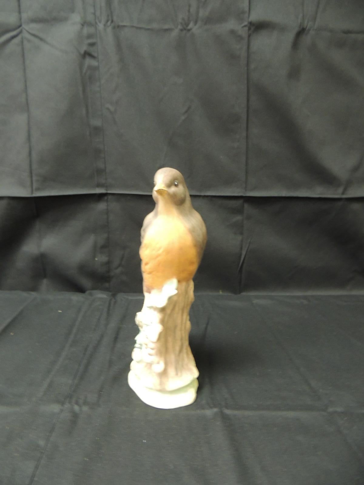 Vintage hand painted song bird bisque porcelain figurine on tree trunk.
Brown bird with orange chest feathers.
Size: 9