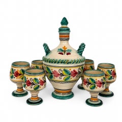 Vintage Hand-Painted Spanish Ceramic Decanter and Goblet Set, 1970
