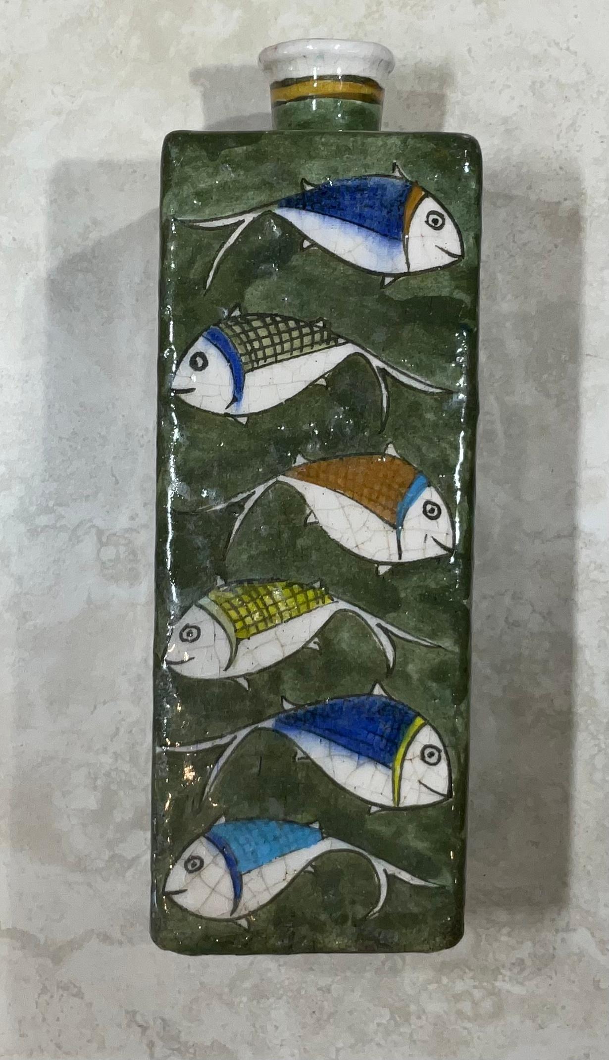 Vintage Hand Painted Square Ceramic Fish Vase For Sale 4