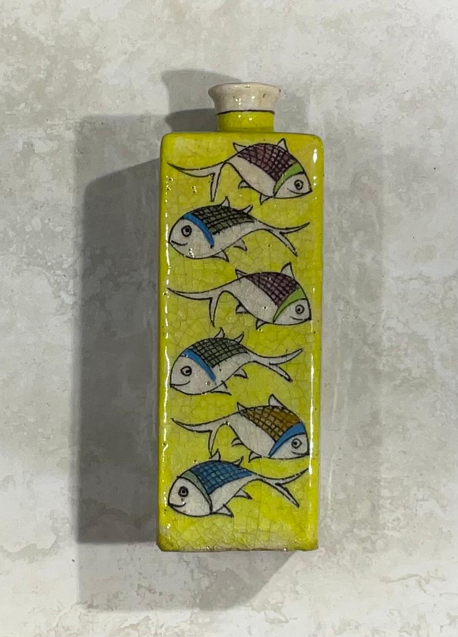 Vintage Hand Painted Square Ceramic Fish Vase In Good Condition For Sale In Delray Beach, FL