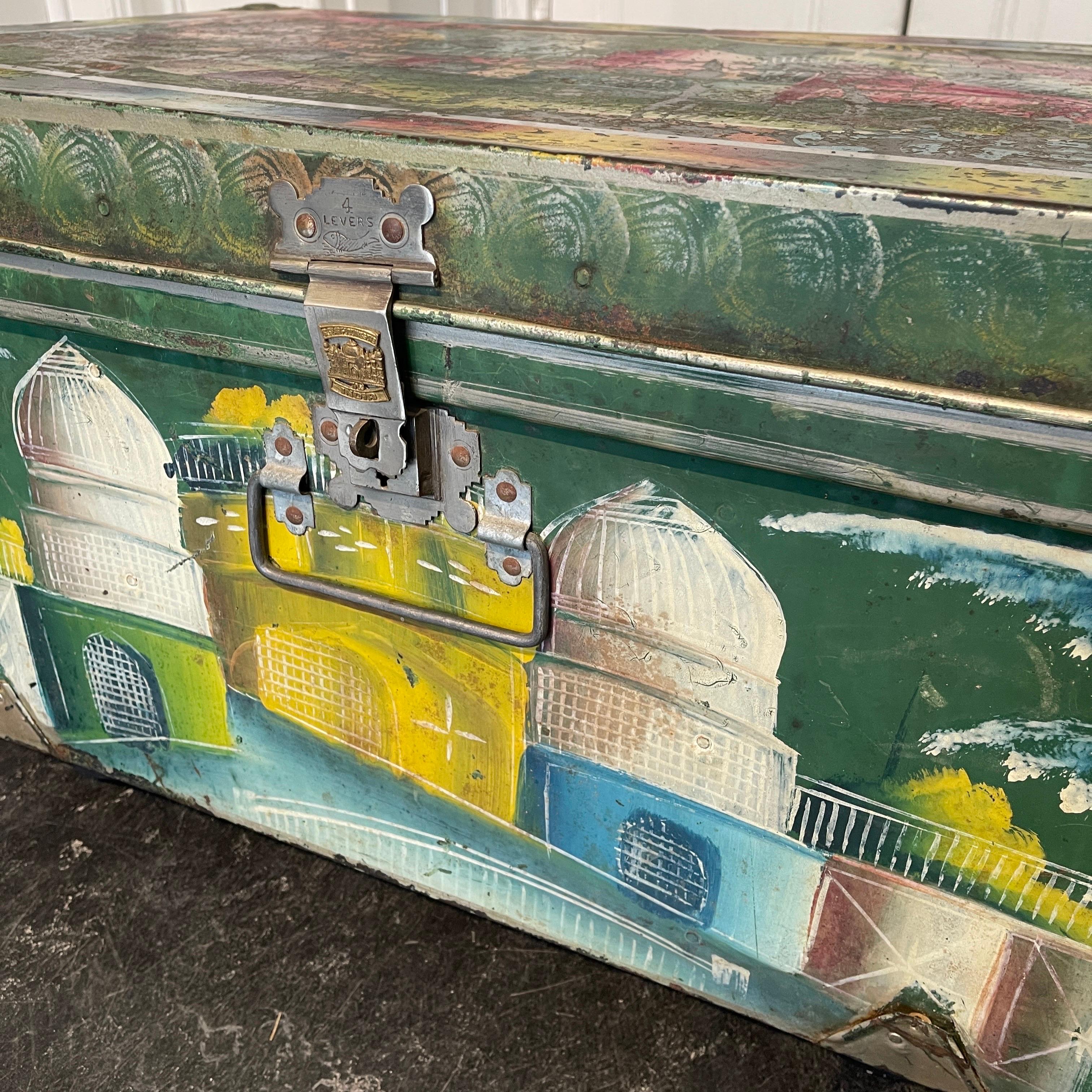 20th Century Vintage Hand Painted Suitcase Metal Trunk, Maker's Mark Khwaja, Bombay, India For Sale