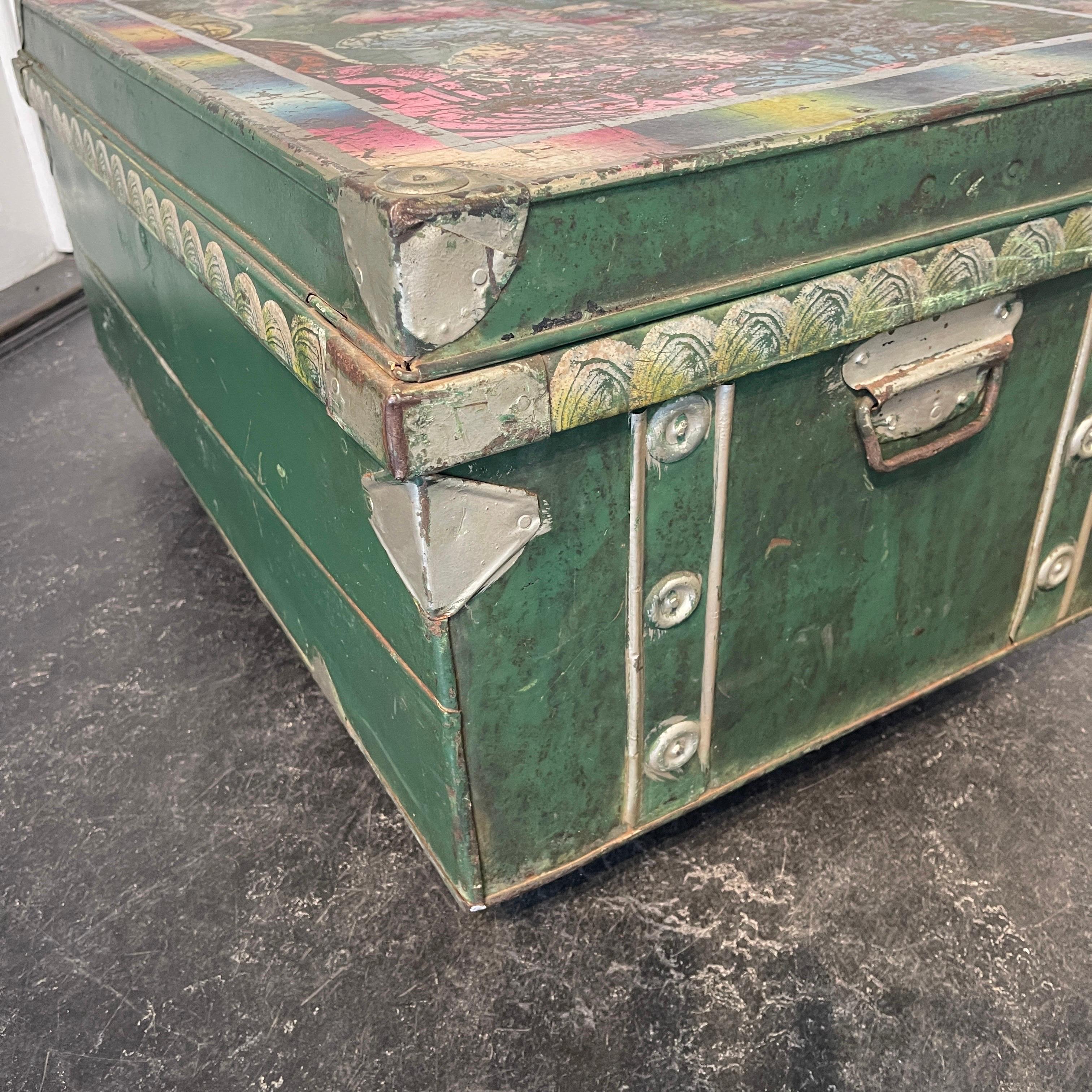 Vintage Hand Painted Suitcase Metal Trunk, Maker's Mark Khwaja, Bombay, India For Sale 1