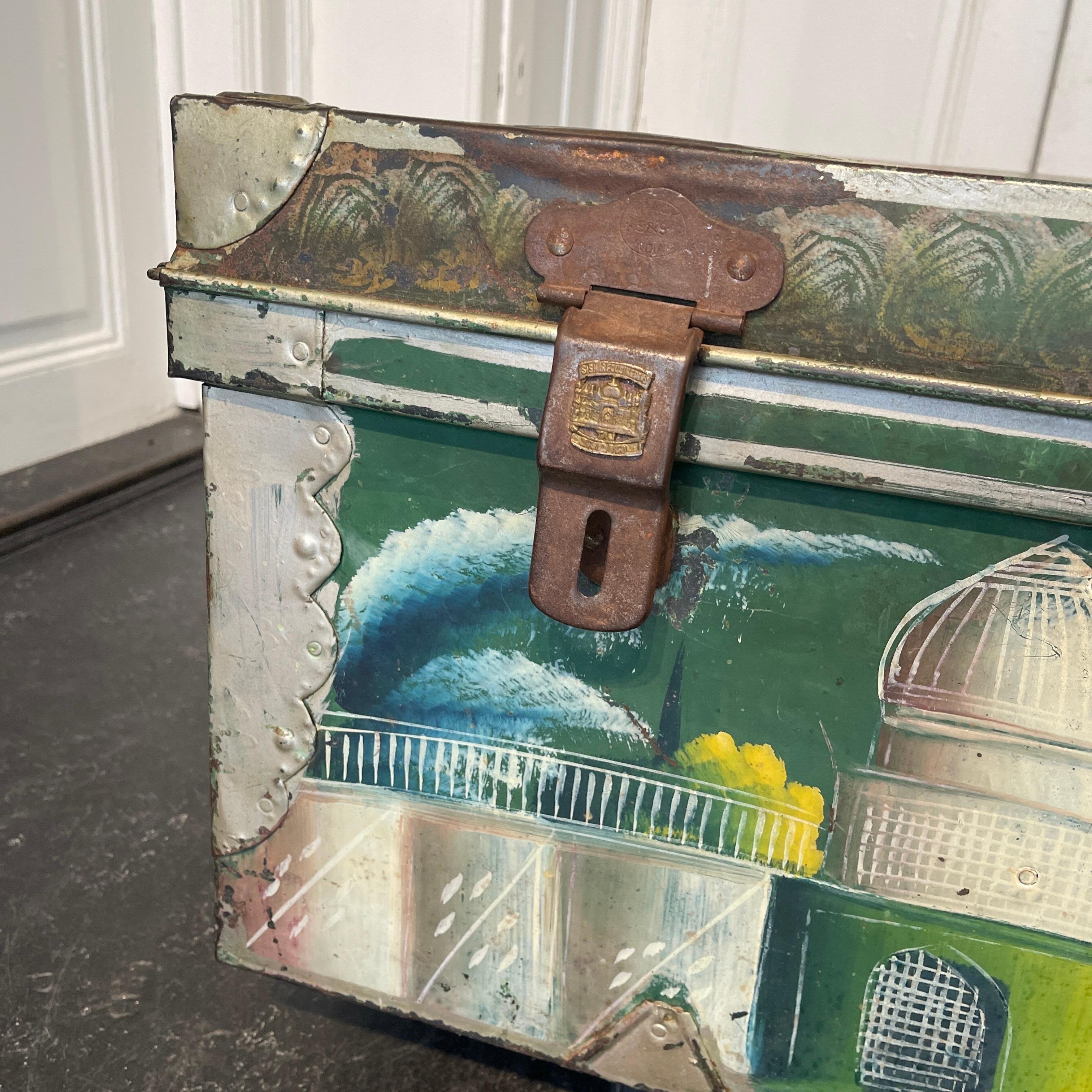 Vintage Hand Painted Suitcase Metal Trunk, Maker's Mark Khwaja, Bombay, India For Sale 6