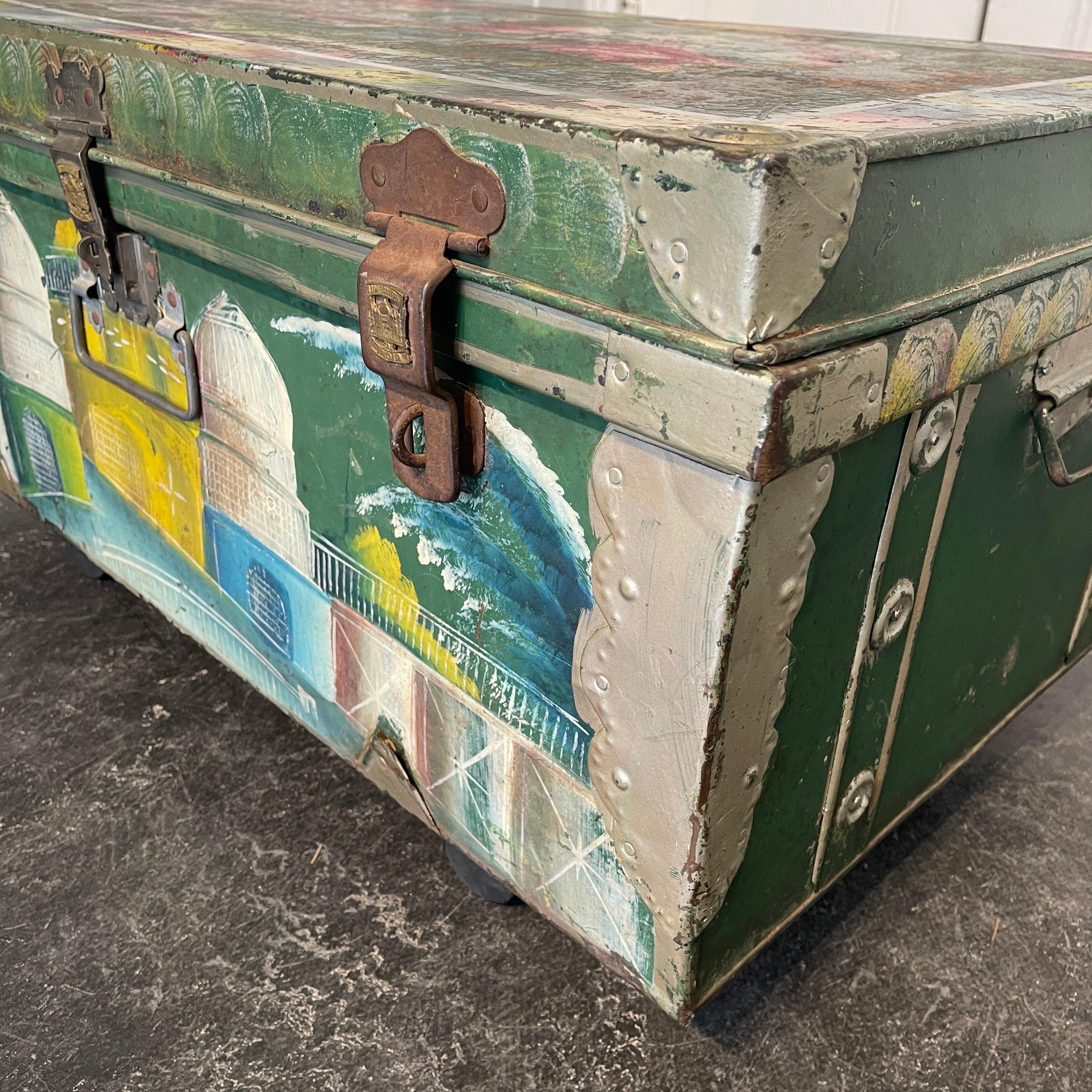 Vintage Hand Painted Suitcase Metal Trunk, Maker's Mark Khwaja, Bombay, India For Sale 8