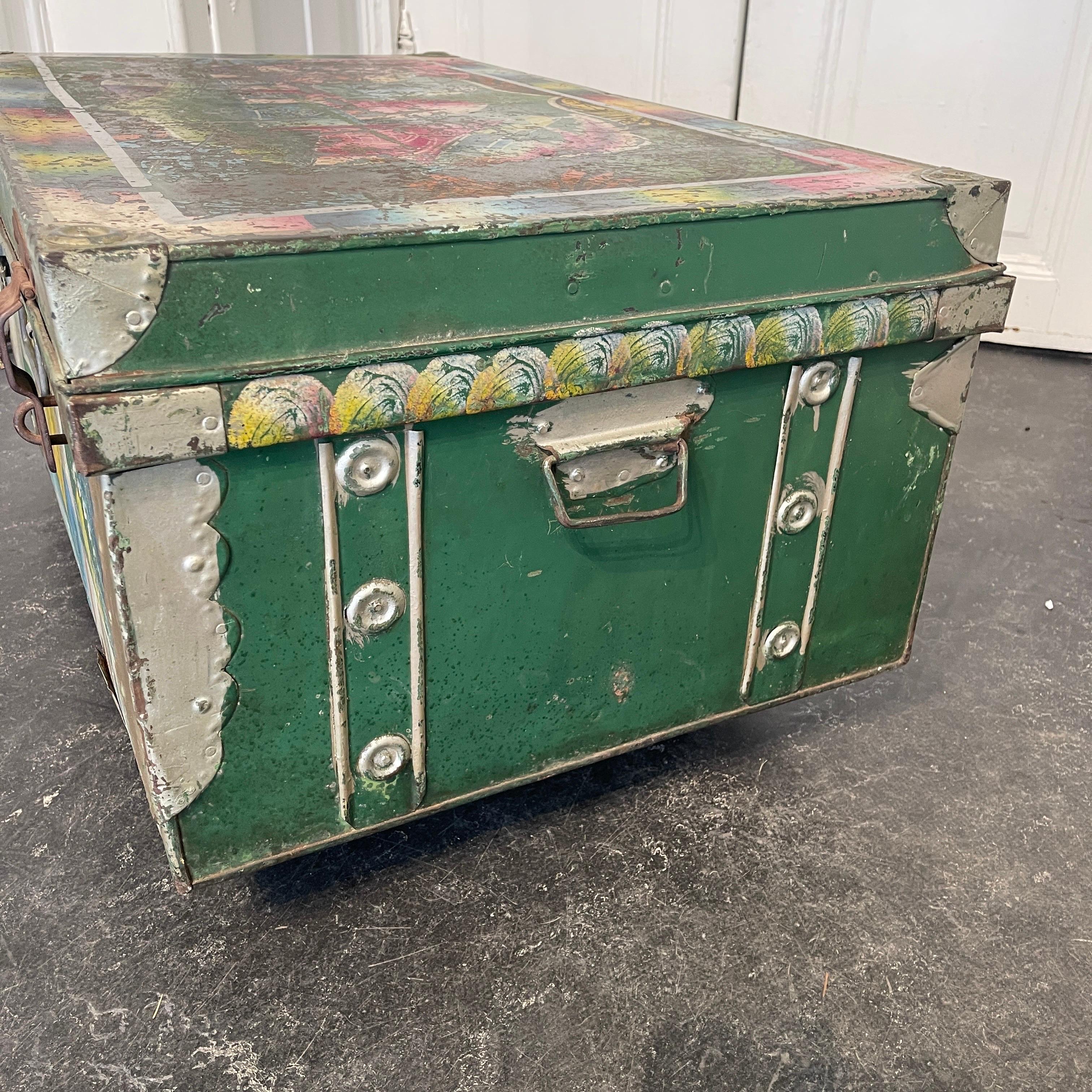 Vintage Hand Painted Suitcase Metal Trunk, Maker's Mark Khwaja, Bombay, India For Sale 9