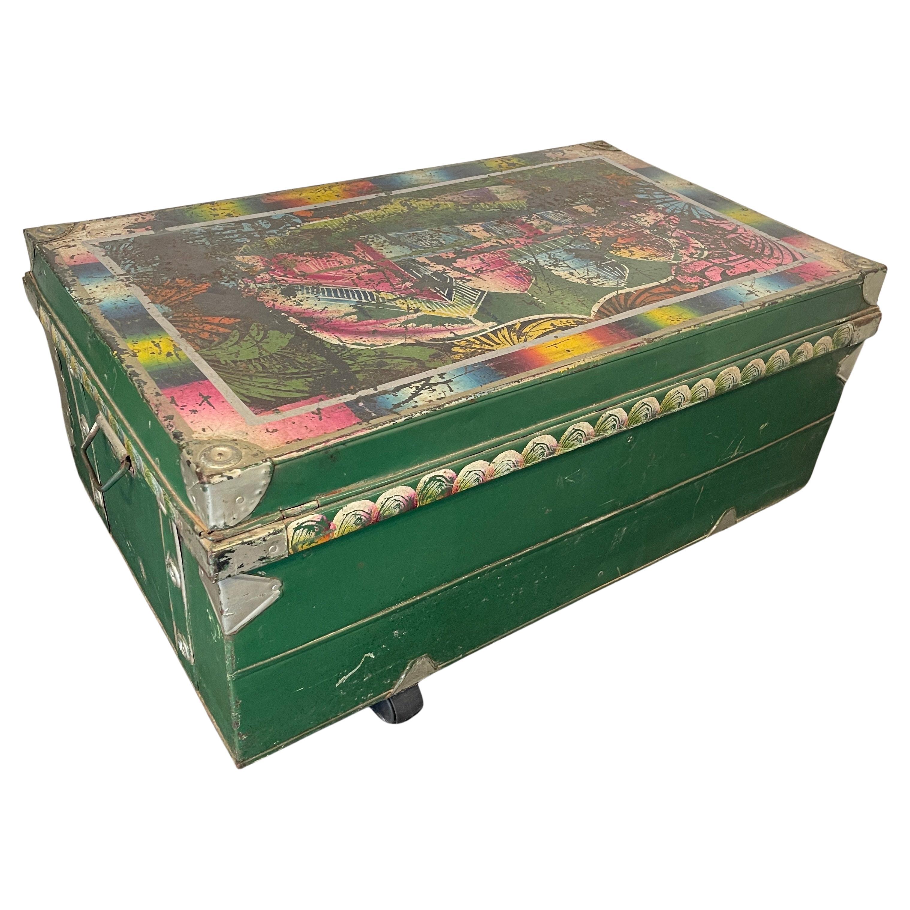 Mid-Century Modern Vintage Hand Painted Suitcase Metal Trunk, Maker's Mark Khwaja, Bombay, India For Sale